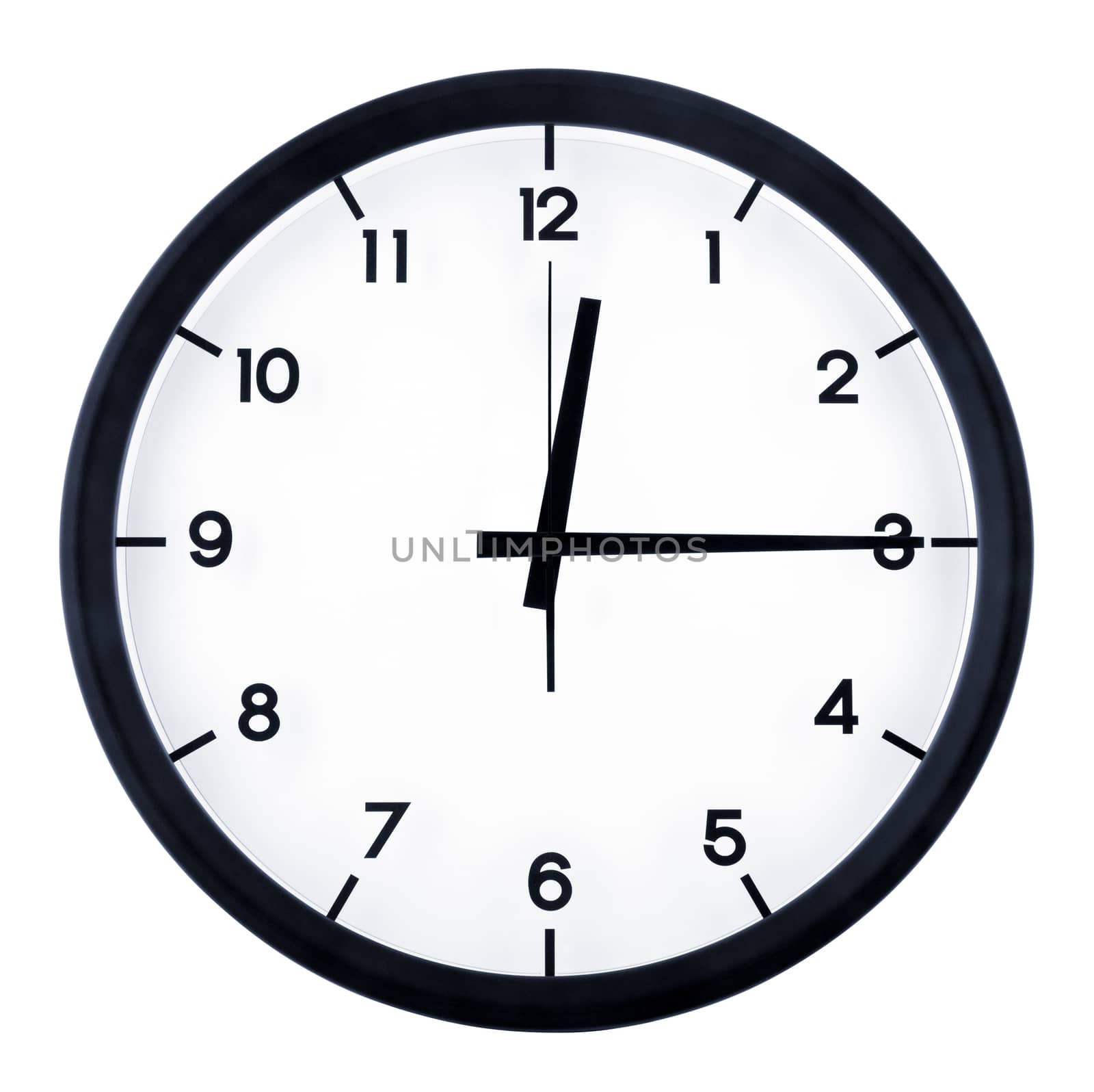 Classic analog clock pointing at twelve fifteen o'clock, isolated on white background