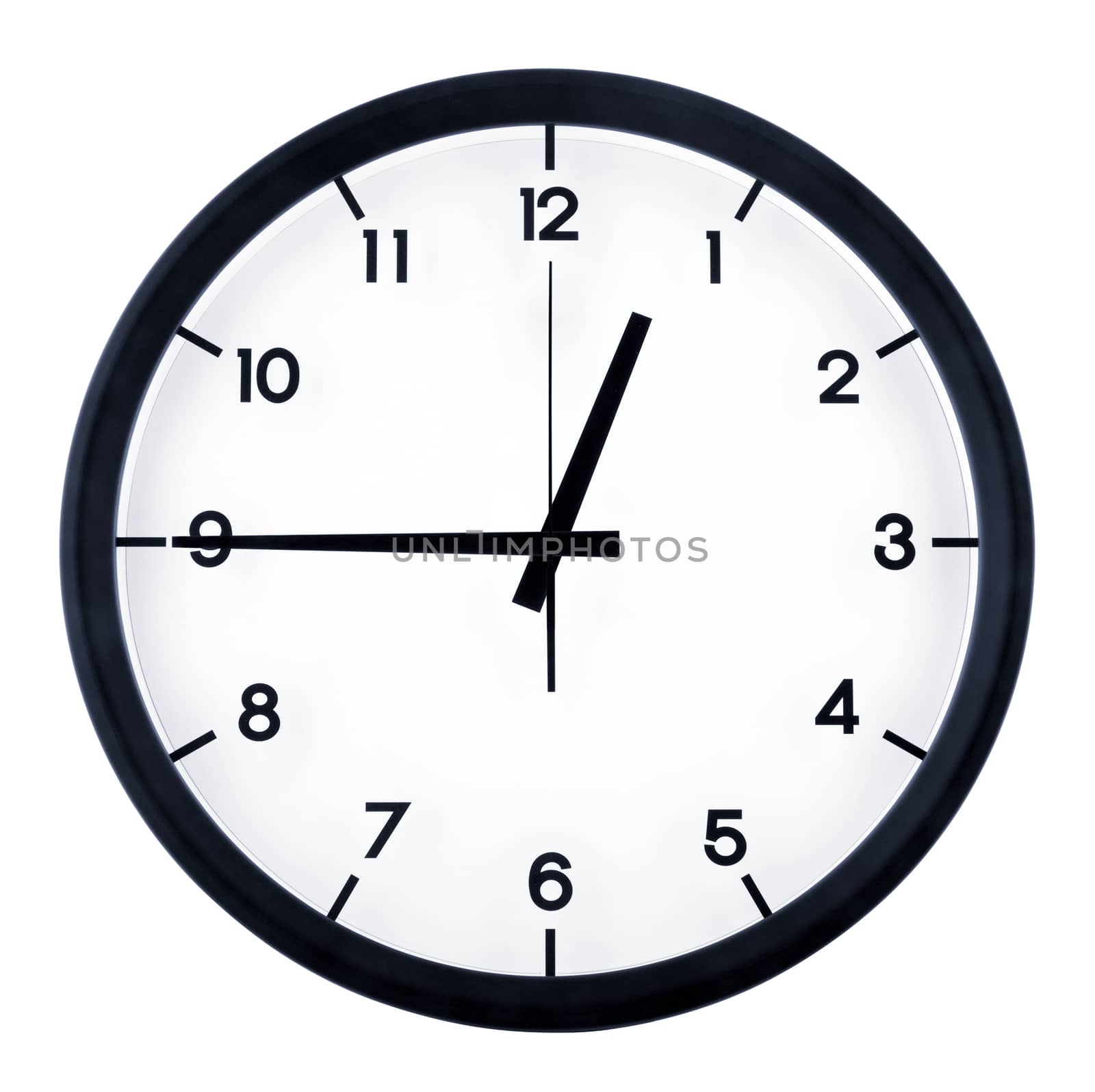 Classic analog clock pointing at twelve forty five o'clock, isolated on white background.