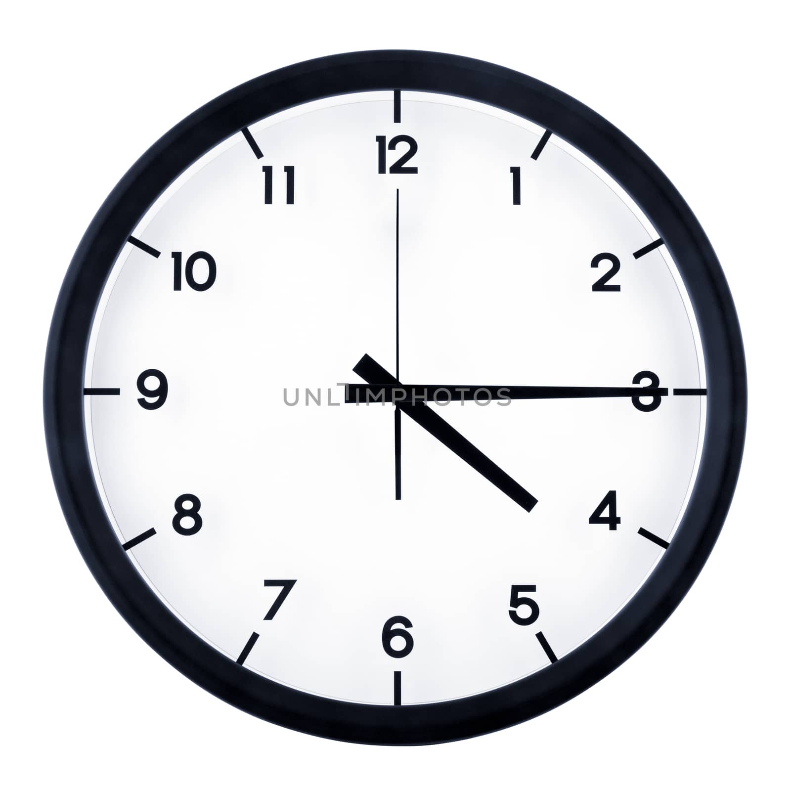Classic analog clock pointing at four fifteen o'clock, isolated on white background