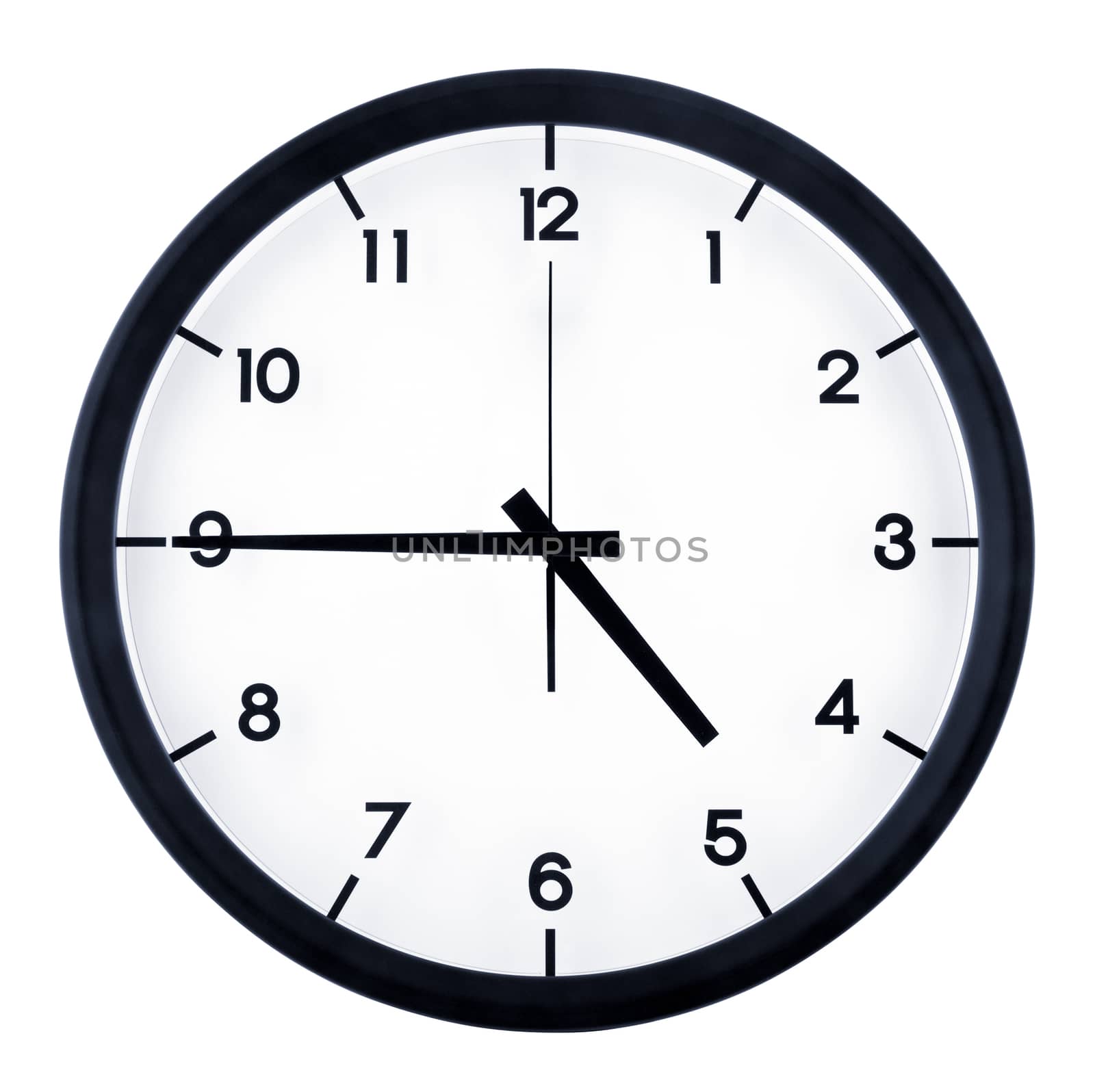 Classic analog clock pointing at four forty five o'clock, isolated on white background.