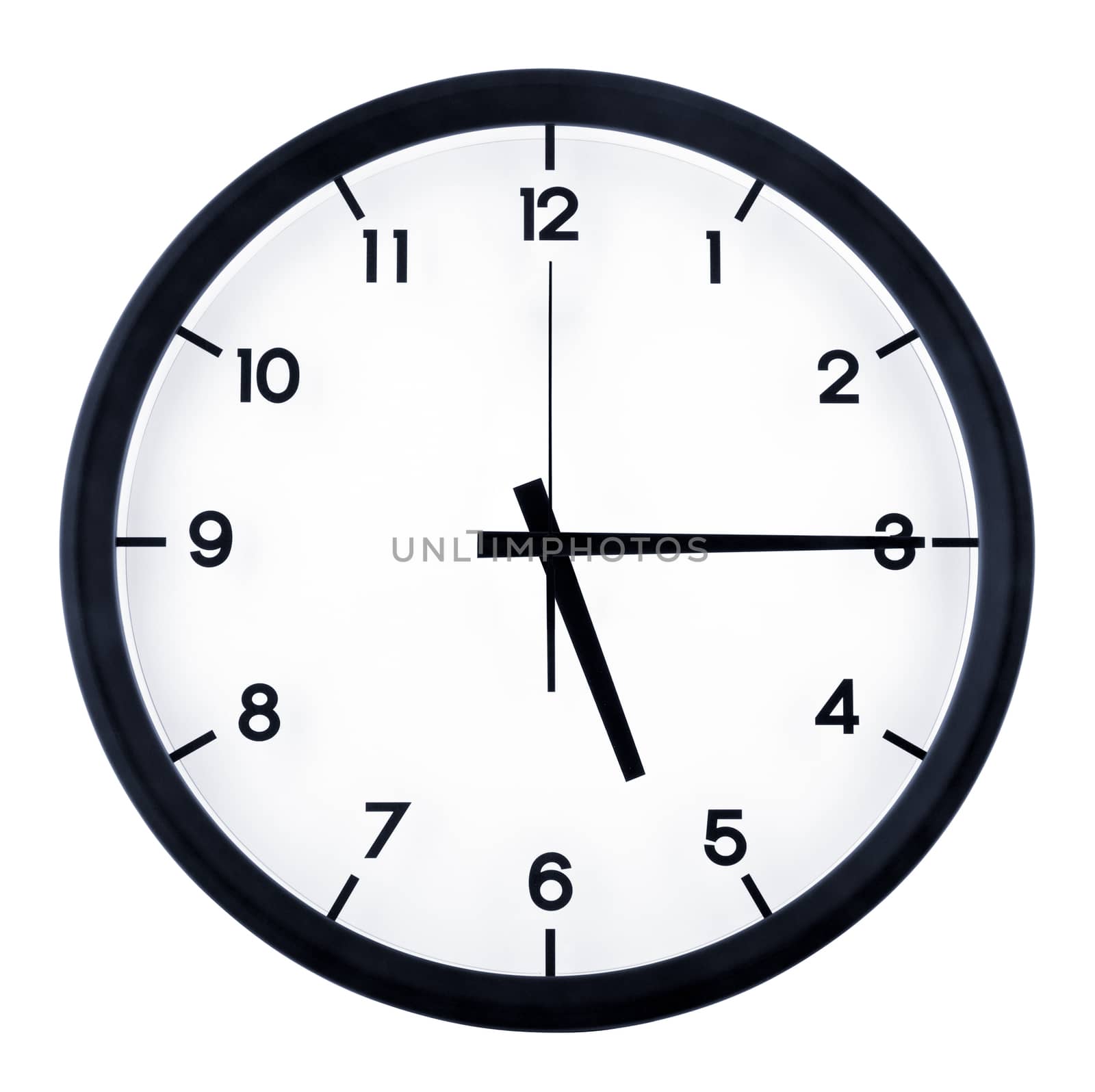 Classic analog clock pointing at five fifteen o'clock, isolated on white background