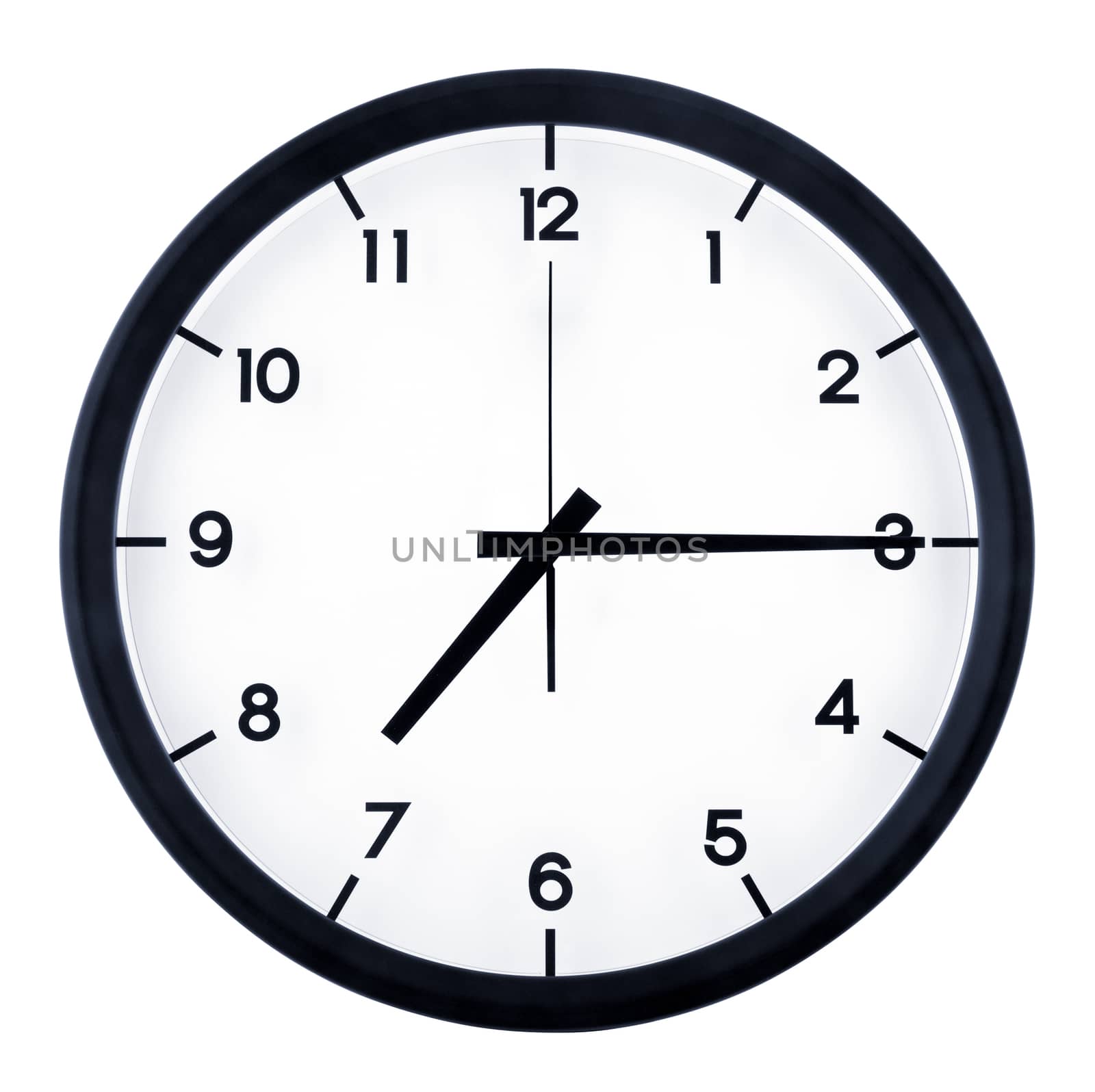 Classic analog clock pointing at seven fifteen o'clock, isolated on white background