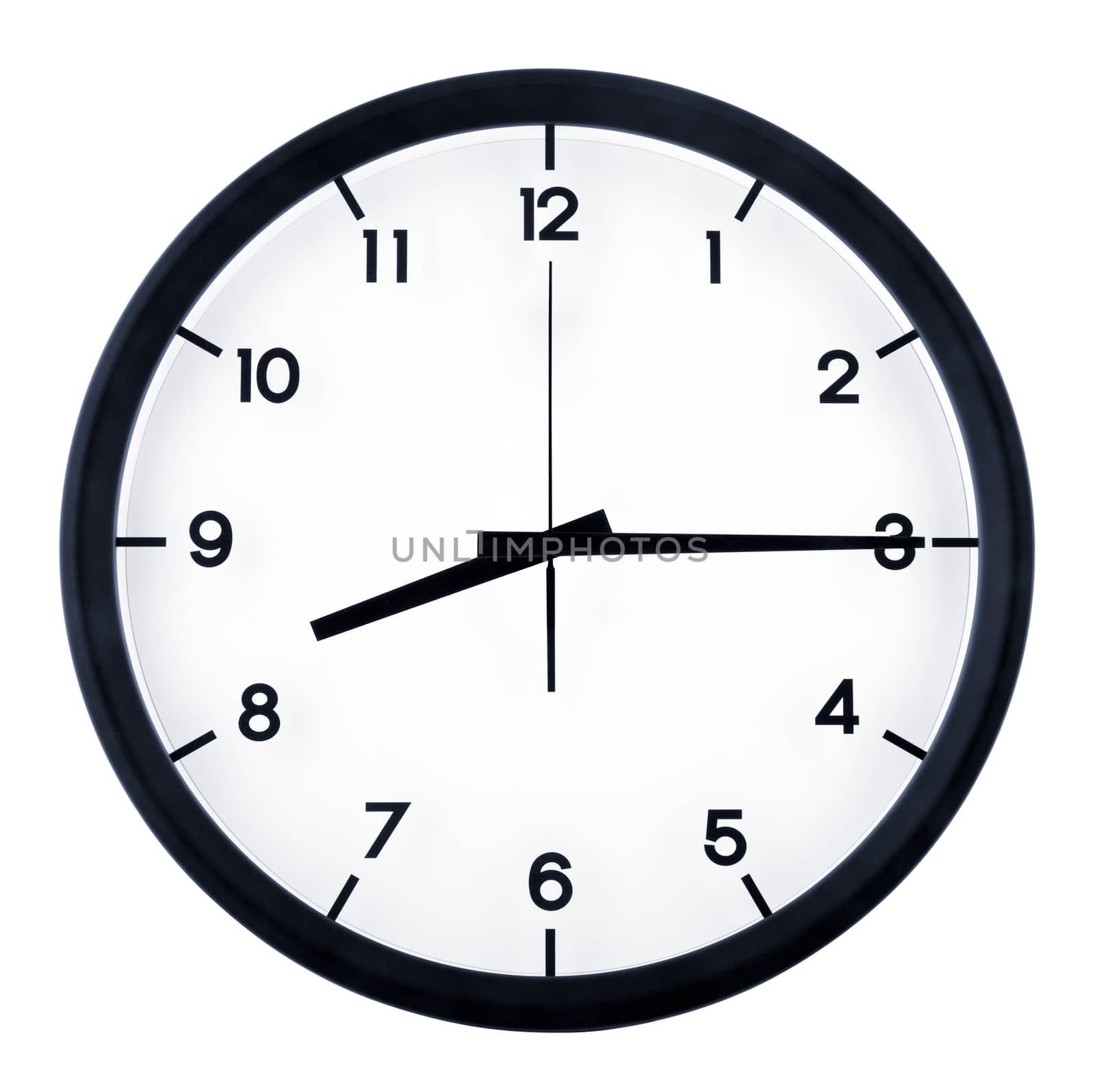 Classic analog clock pointing at eight fifteen o'clock, isolated on white background