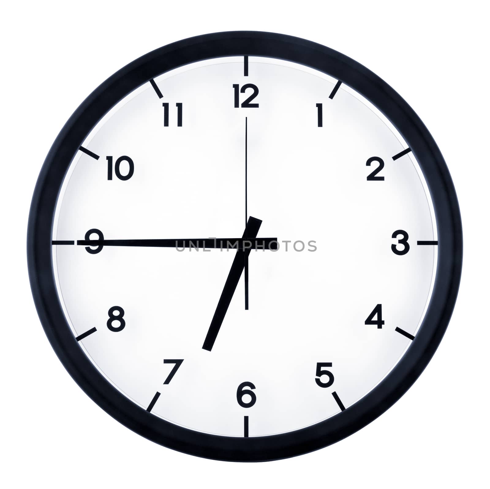 Classic analog clock pointing at six forty five o'clock, isolated on white background.