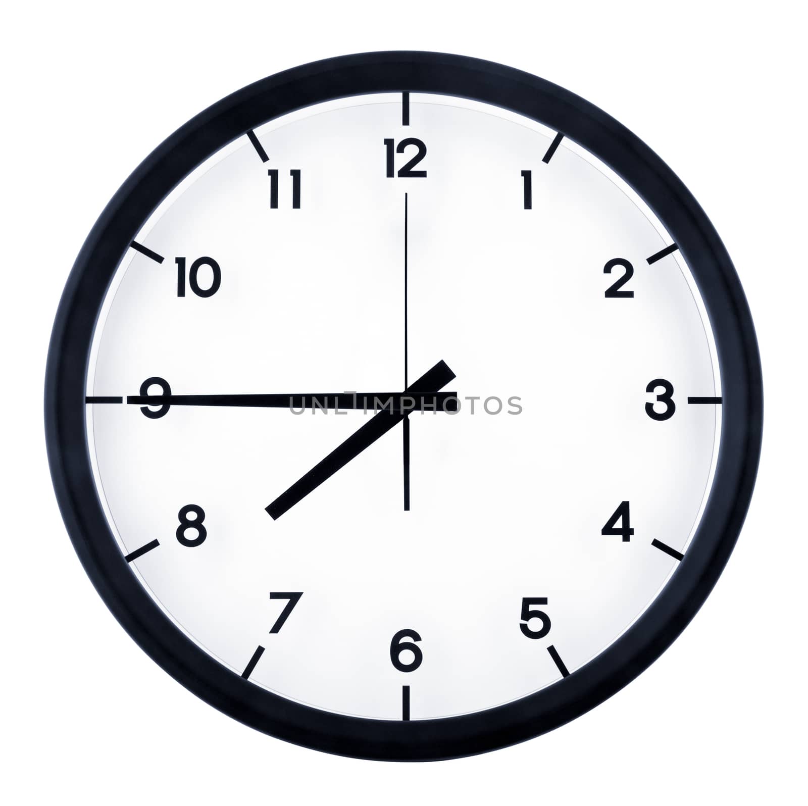 Classic analog clock pointing at seven forty five o'clock, isolated on white background.