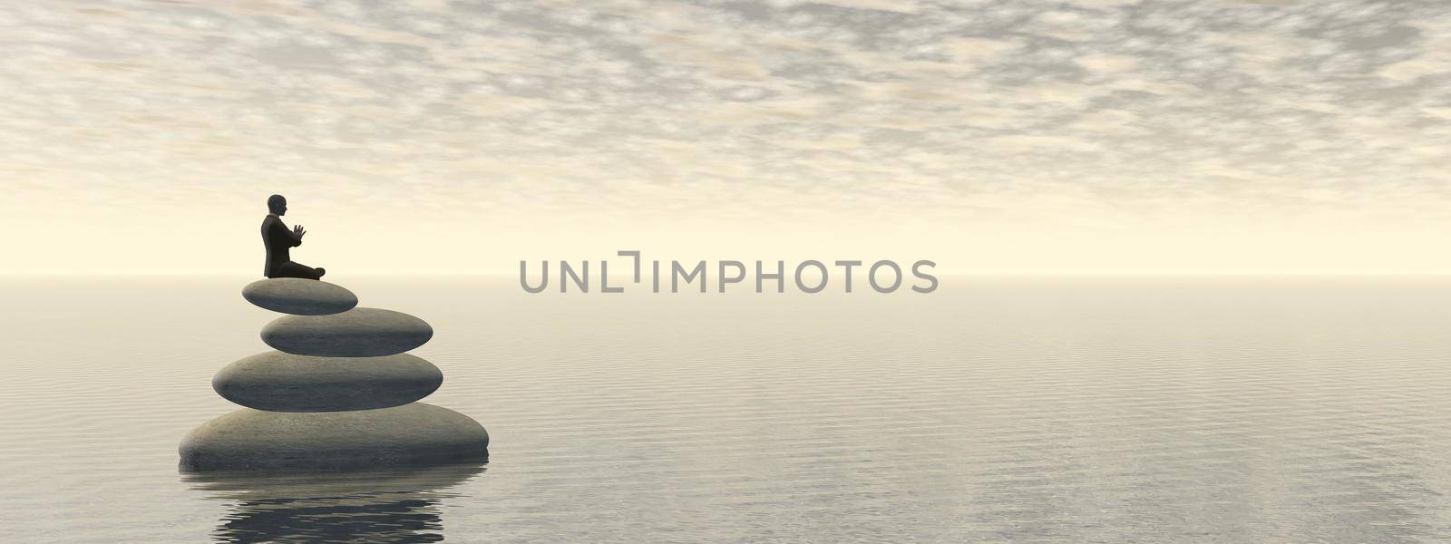 man in meditation and a beautiful pink landscape - 3d rendering