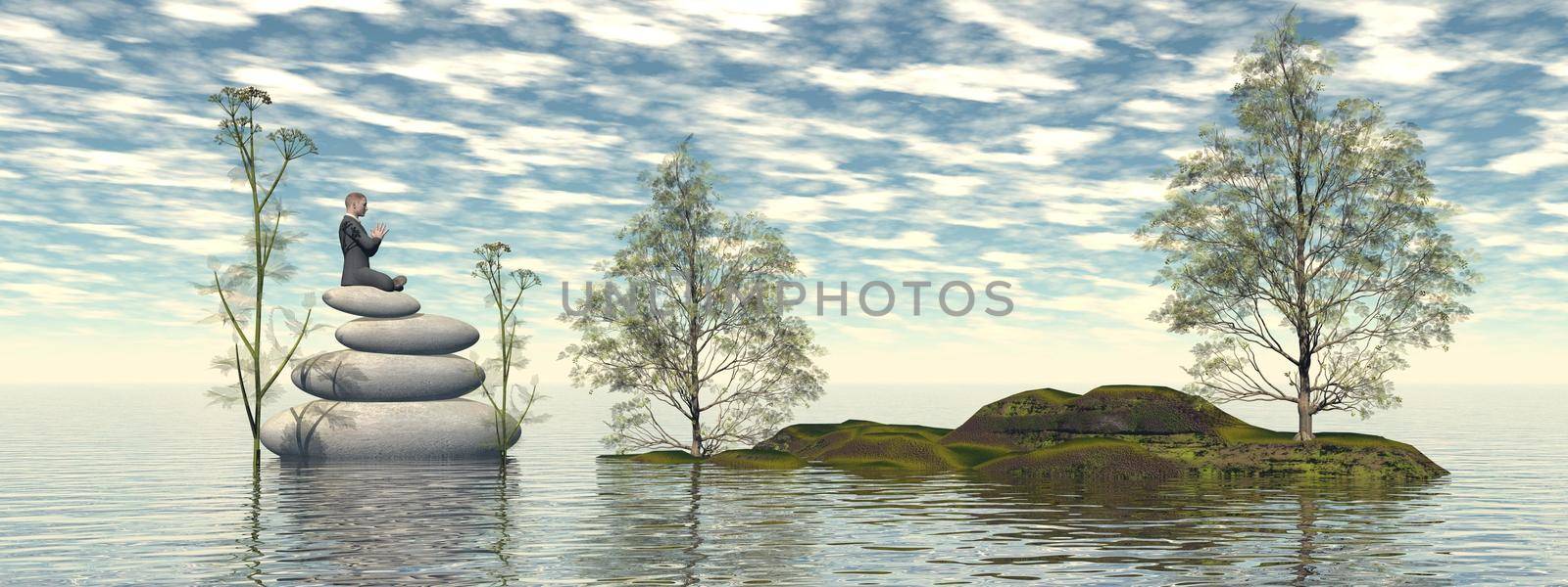 man in meditation and a beautiful pink landscape - 3d rendering