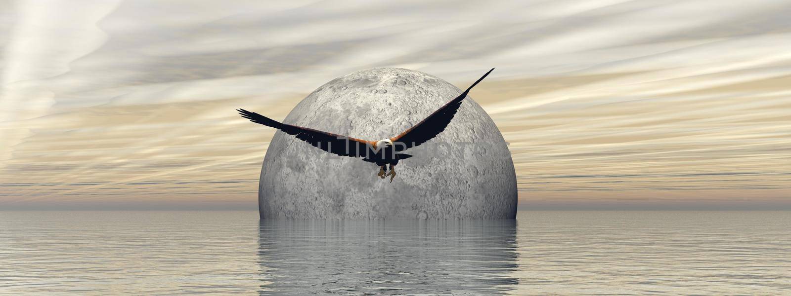 flying an eagle with a beautiful full moon landscape - 3d rendering by mariephotos