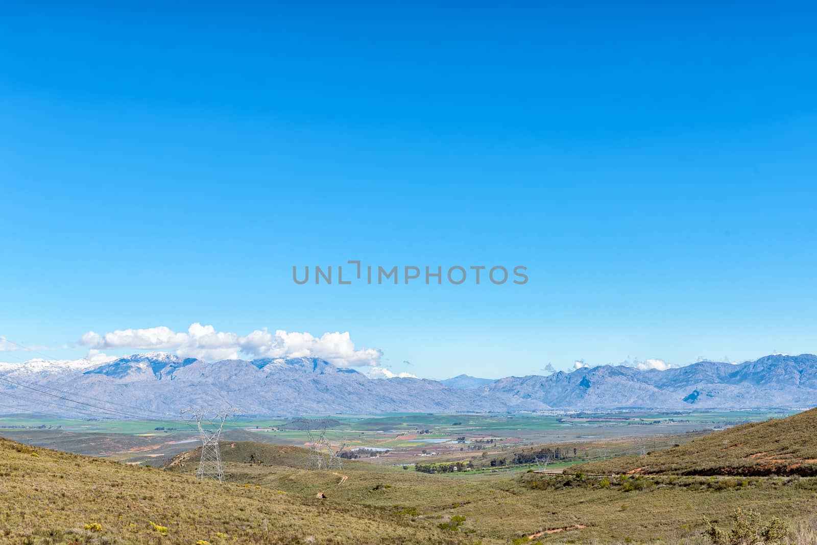 The view from Theronsberg Pass towards Ceres in the Western Cape Province. Snow is visible on the Hex River Mountains