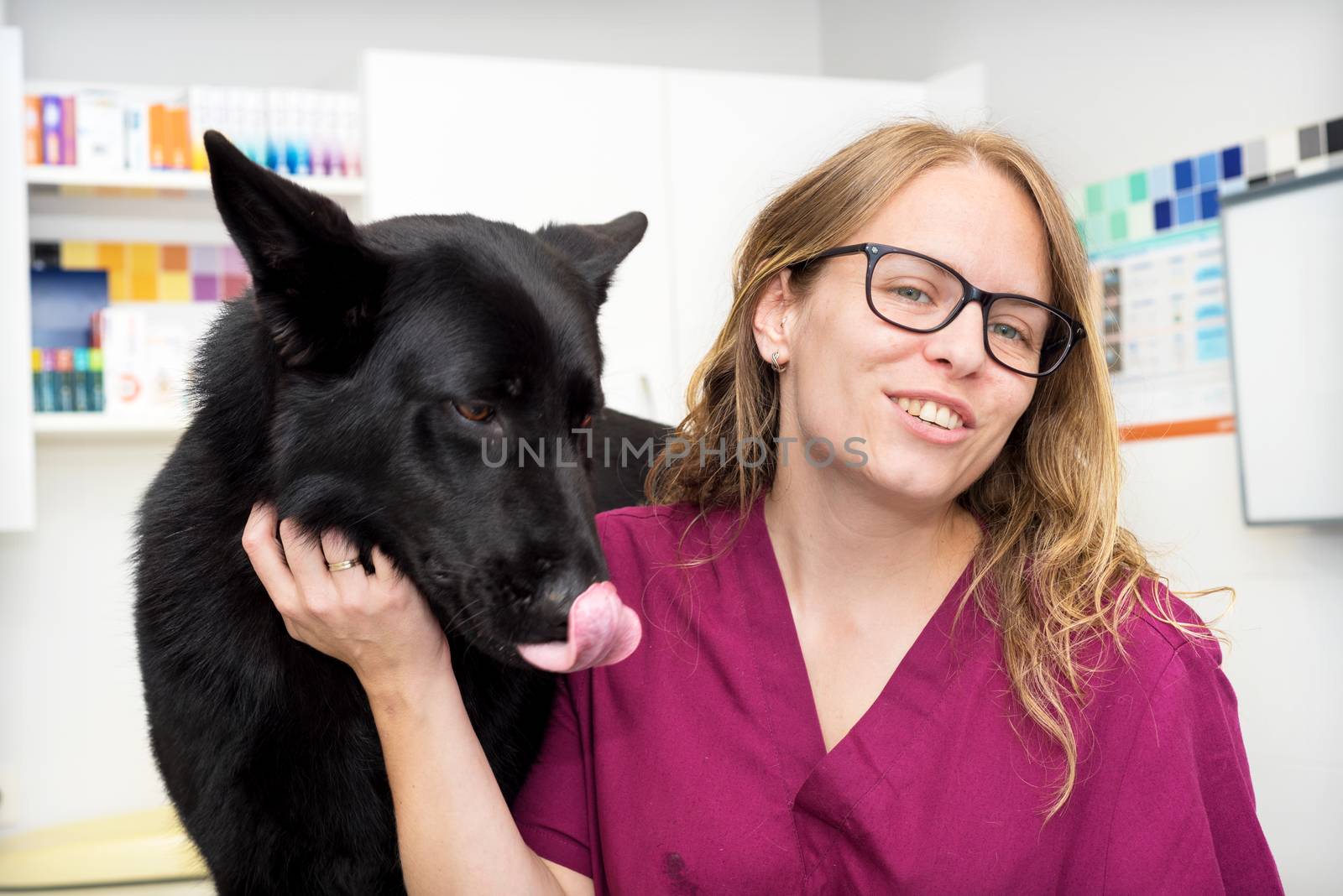 Doctor at the veterinary clinic smiling with a beautiful dog by HERRAEZ