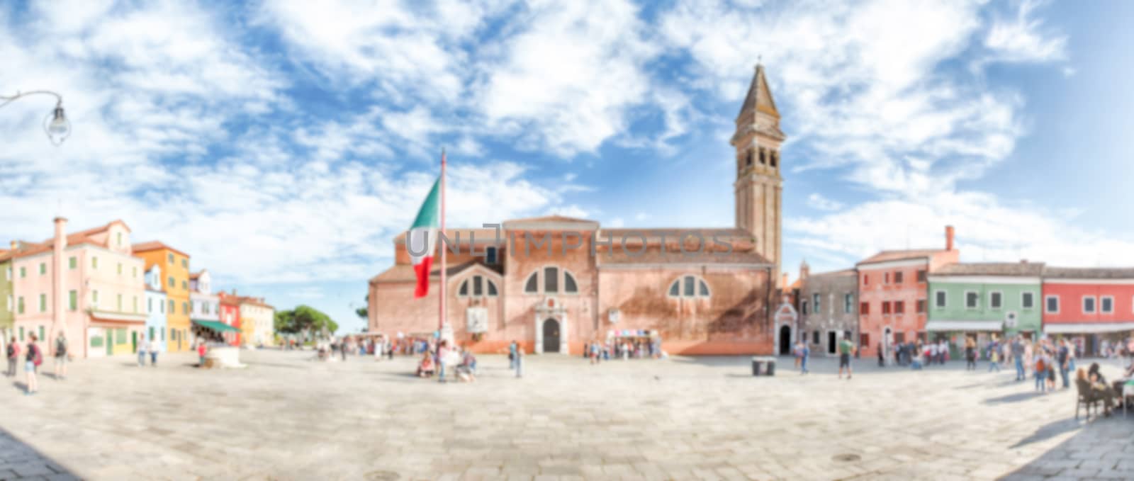 Defocused background with the Church of St Martin, island of Burano, Venice, Italy. Intentionally blurred post production for bokeh effect