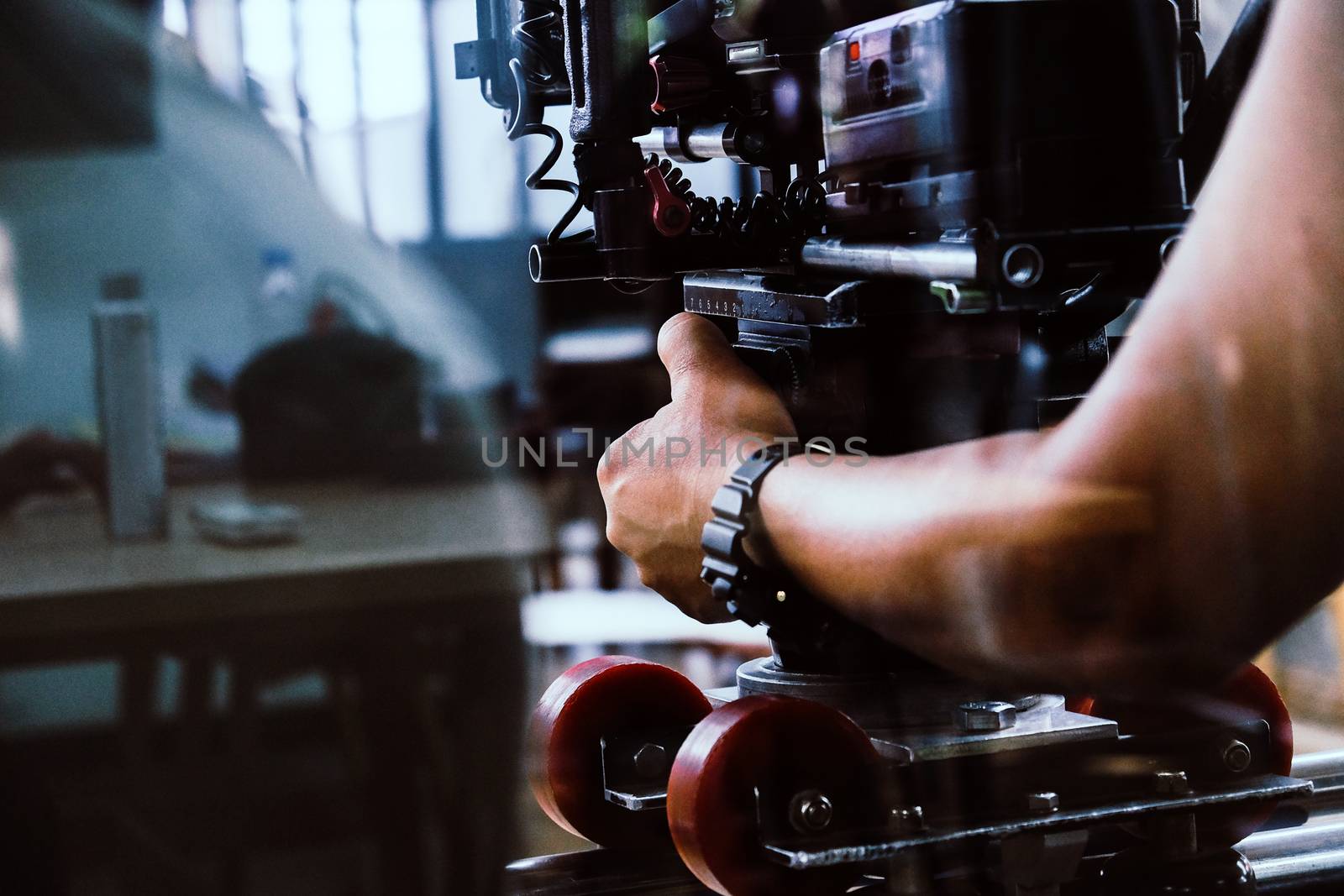 Film industry. Filming with professional camera background