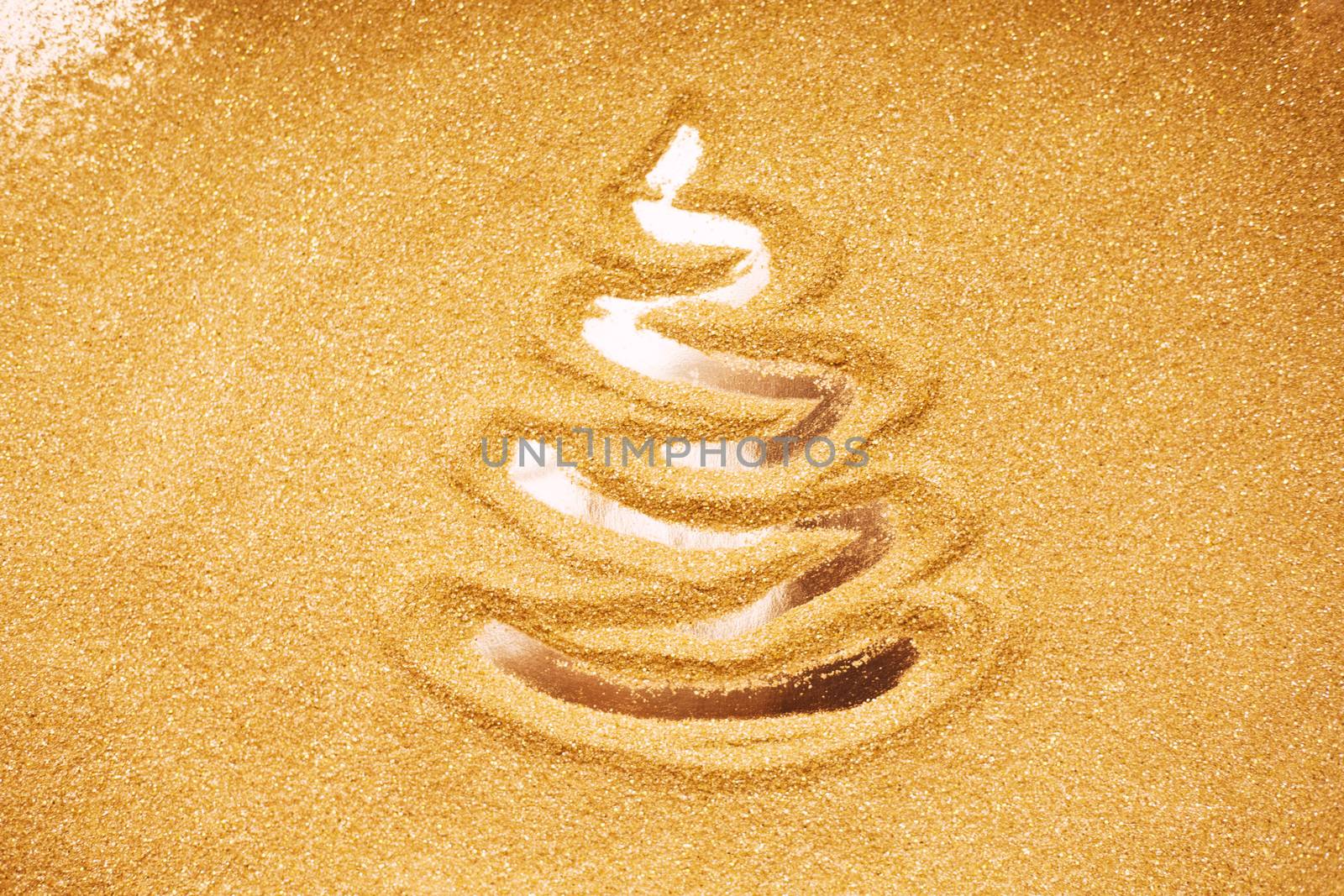 Hand drawn Christmas tree symbol on golden glitter background