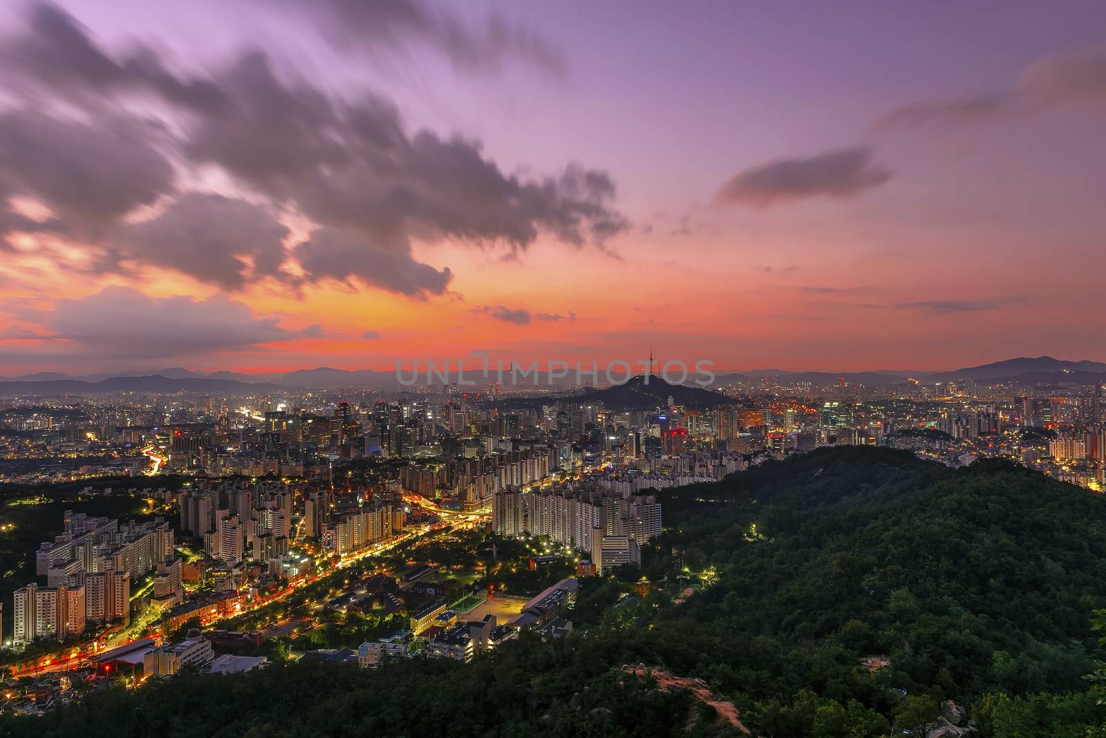 Skyline in the city of Seoul, South Korea with Seoul tower