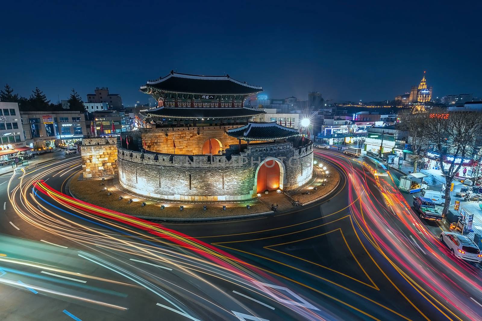 Hwaseong Fortress Gate, Seoul, and traffic in Seoul, South Korea