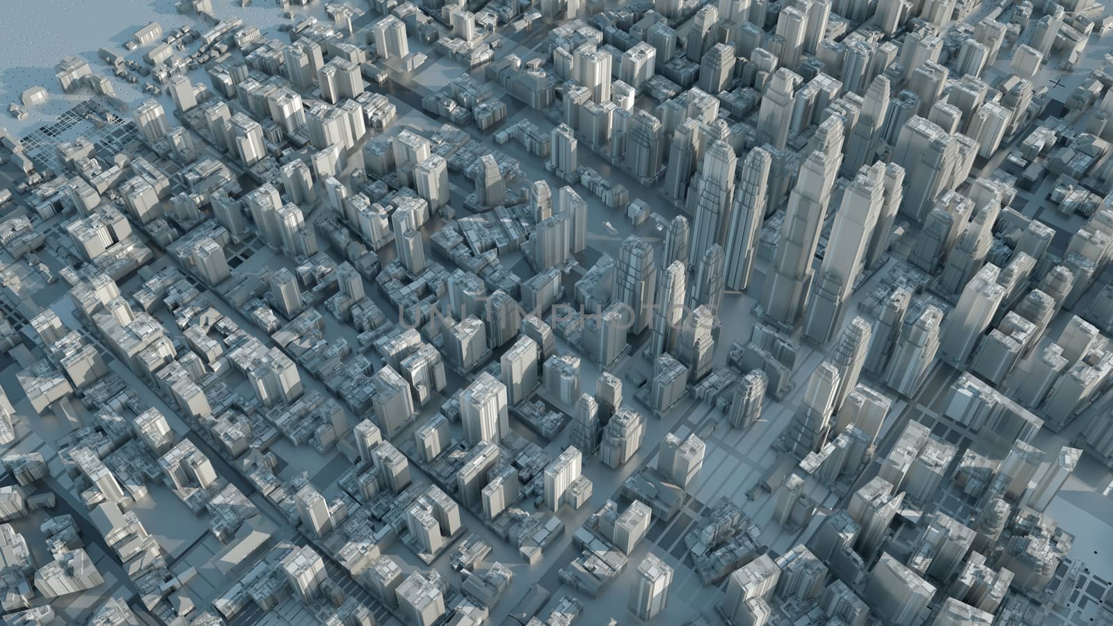 Abstract Modern White City on Technology Surface, aerial view. 3D illustration