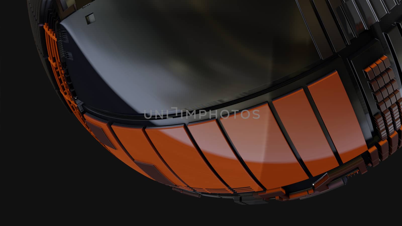 Abstract Hardsurface Sci-Fi Technology Sphere. Space Station Or Spaceship. 3D renderingor 3D illustration. Drak background