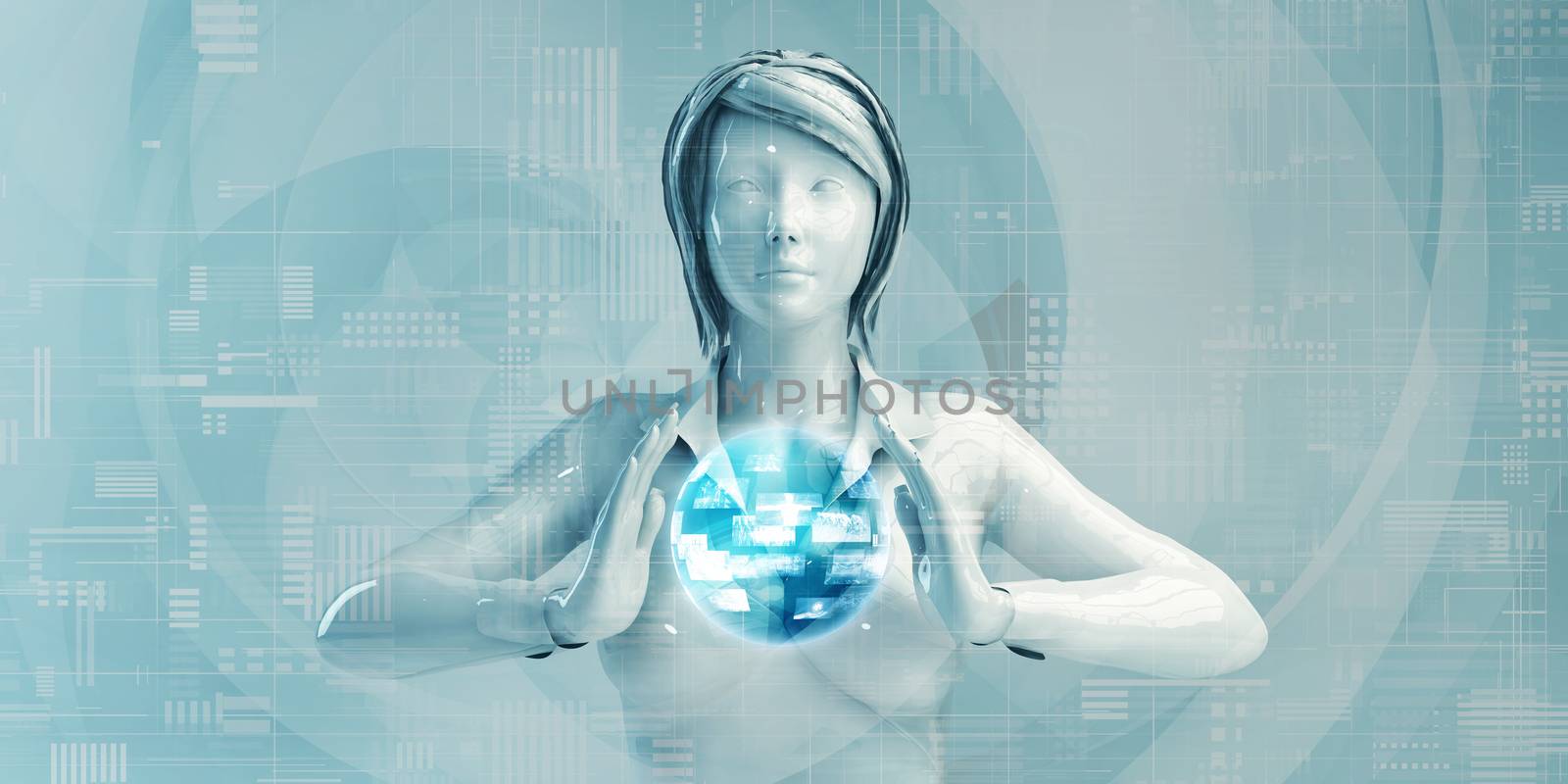 Chinese Business Woman Using Digital Solutions Technology Concept Art