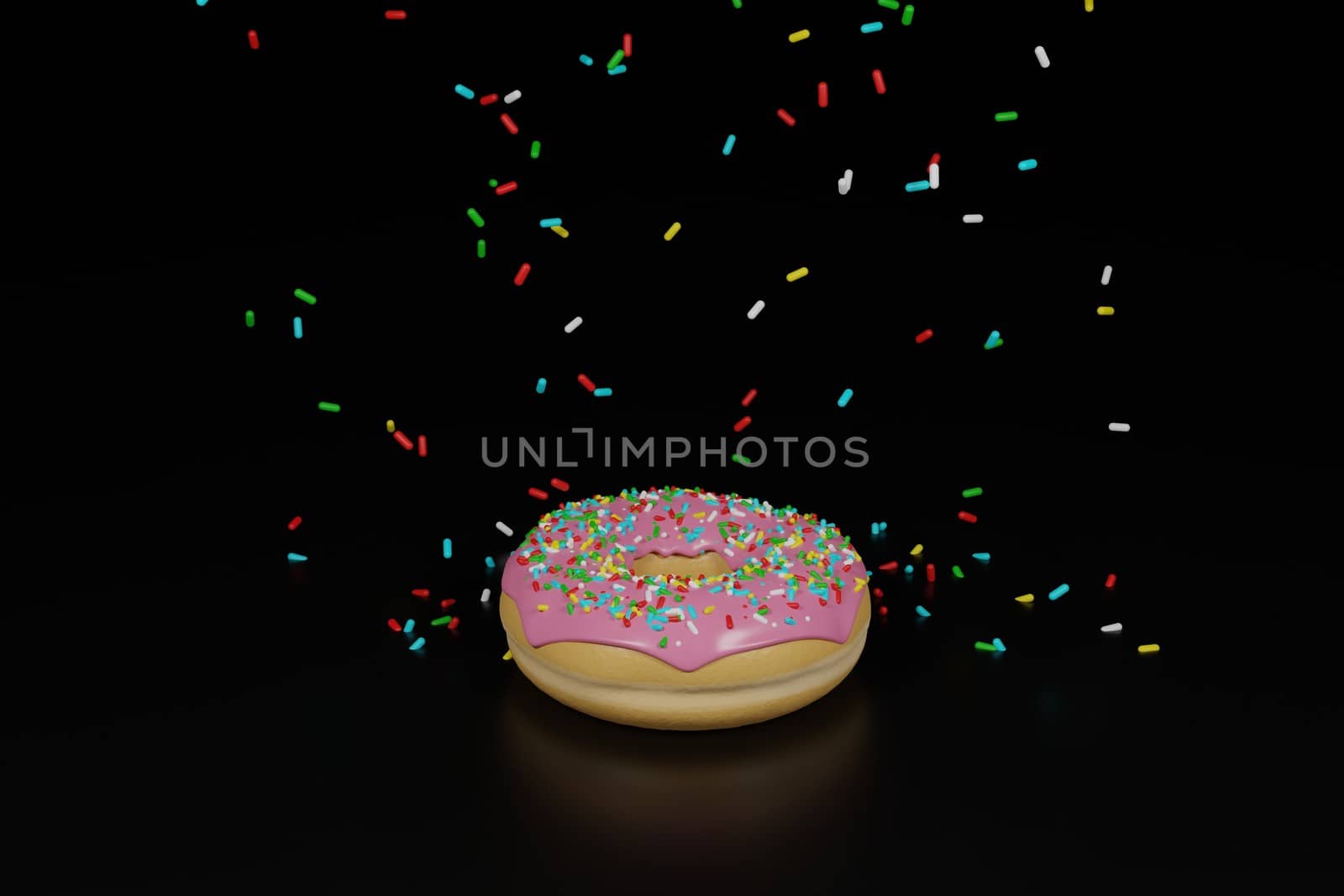 rain of colorful sprinkles on donut with pink icing