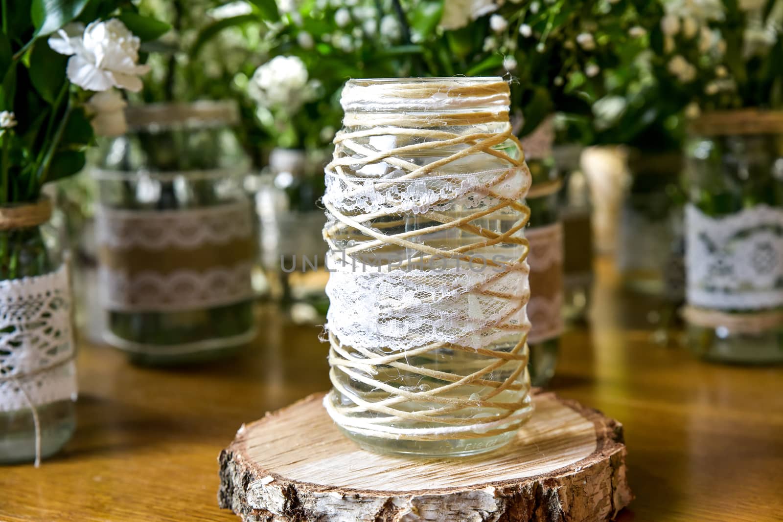 Wedding table set for fine dining or other catered event, center-piece