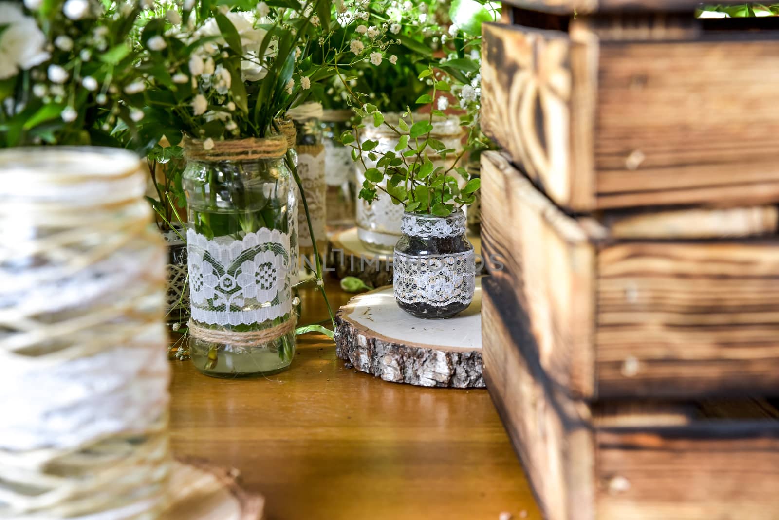 Wedding table set for fine dining or other catered event, center-piece