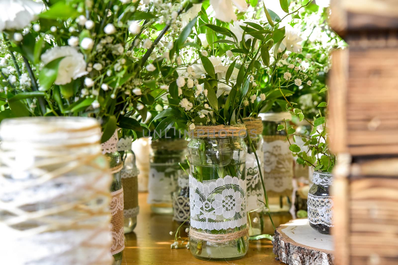 Wedding table set for fine dining or other catered event, center-piece