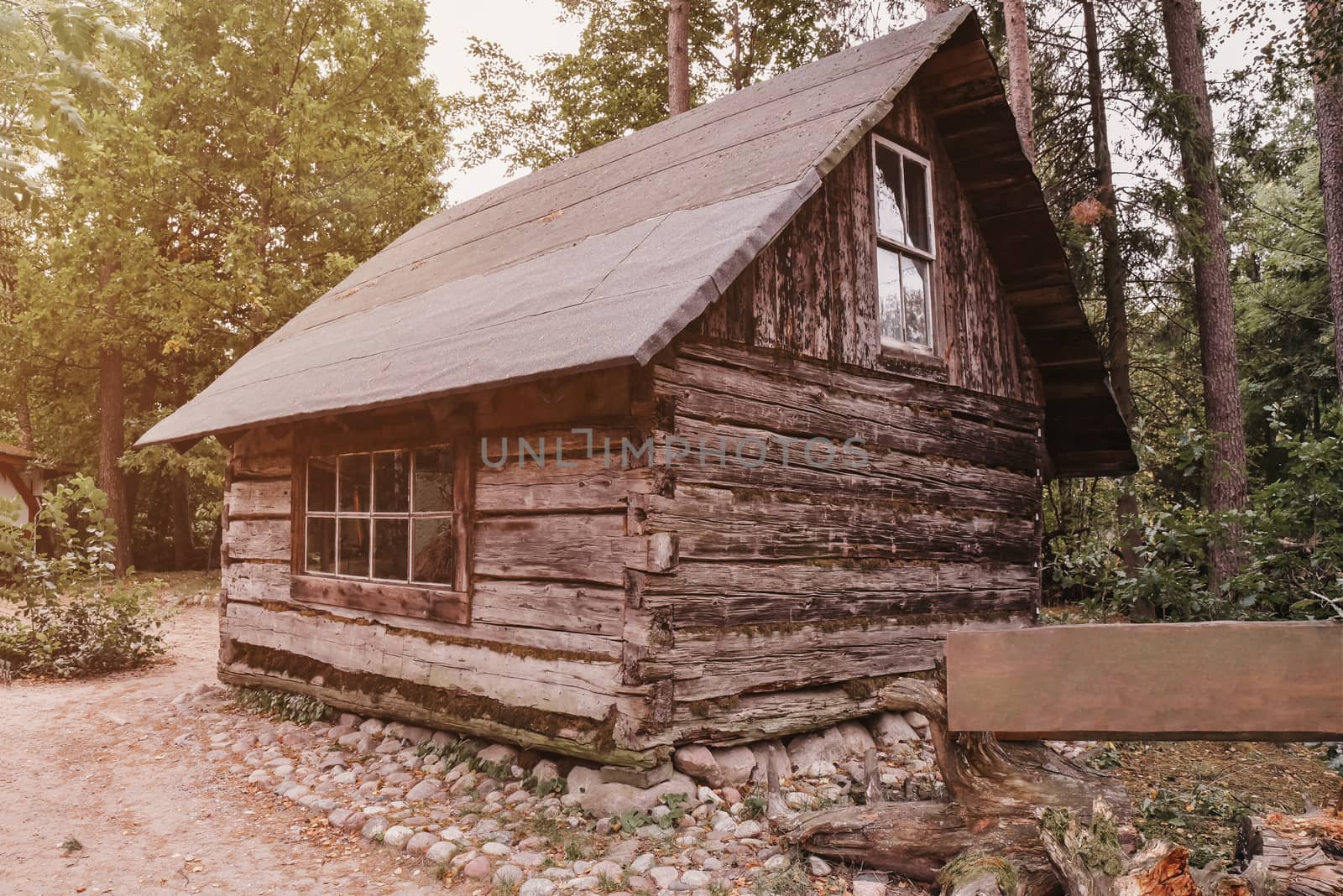 Abandoned old wooden house Cabin in the woods.  View of old weathered wooden