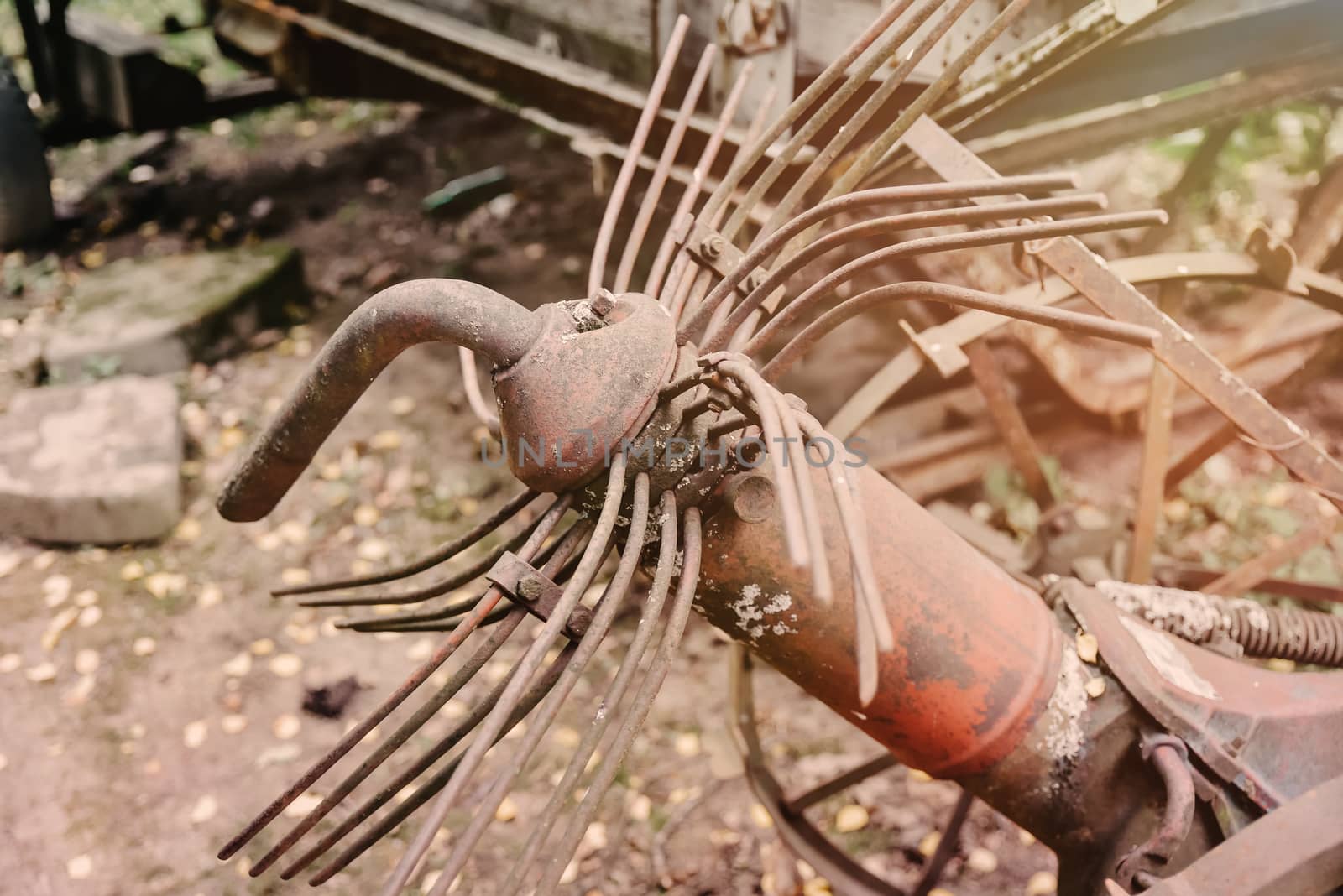 abandoned rusty old farm machinery in garden