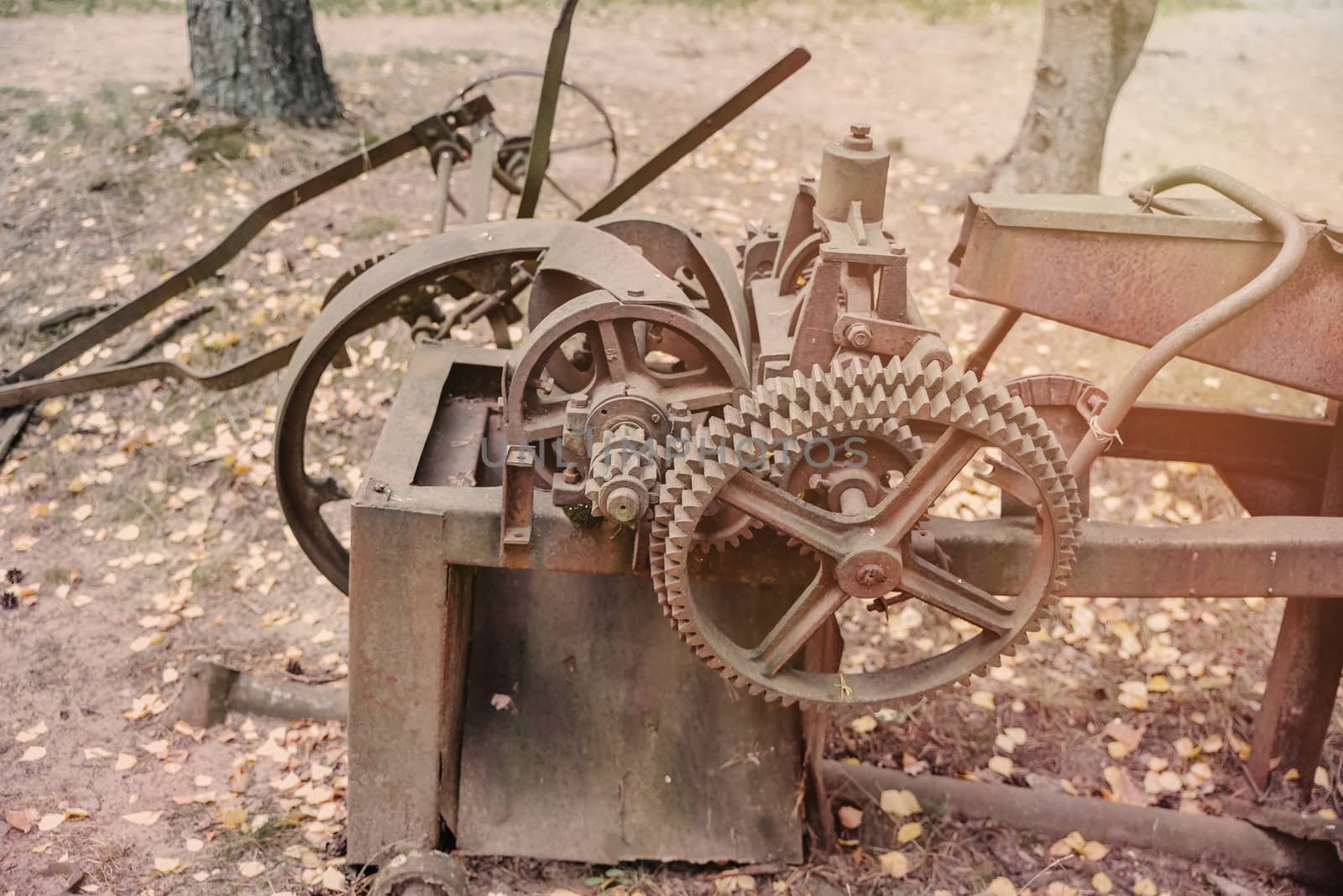 abandoned rusty old farm machinery in garden