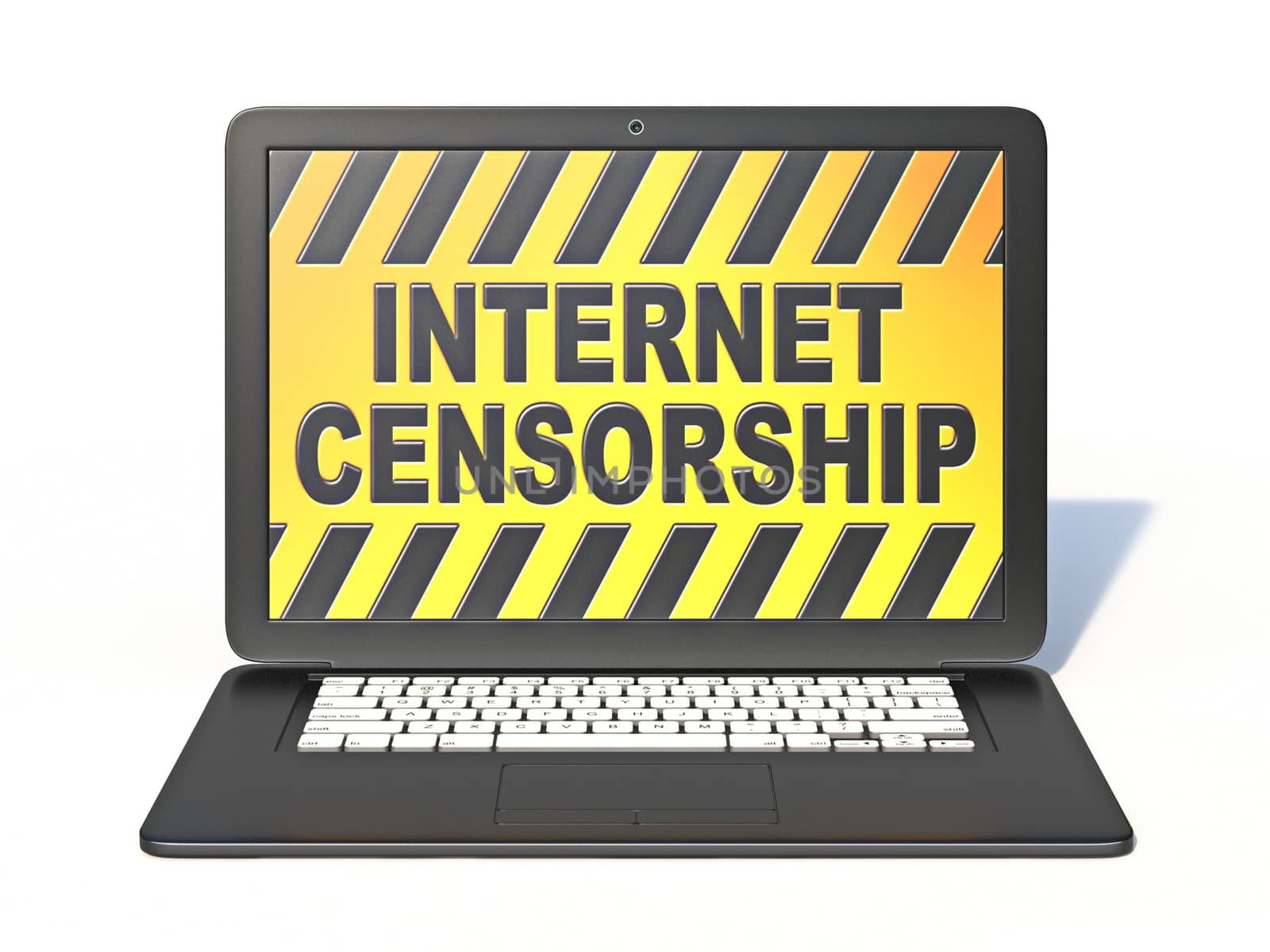 Black laptop with INTERNET CENSORSHIP sign on screen 3D rendering isolated on white background