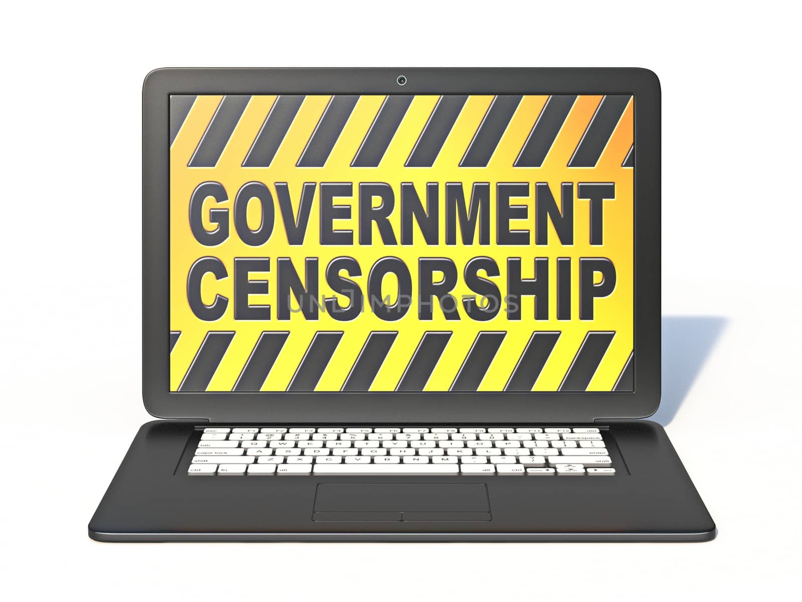 Black laptop with GOVERNMENT CENSORSHIP sign on screen 3D rendering isolated on white background