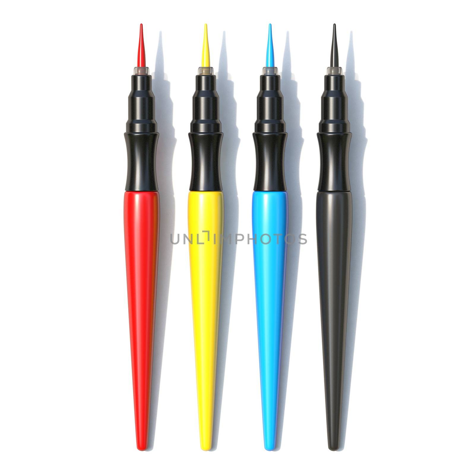 Red, yellow, blue and black brush markers 3D render illustration isolated on white background