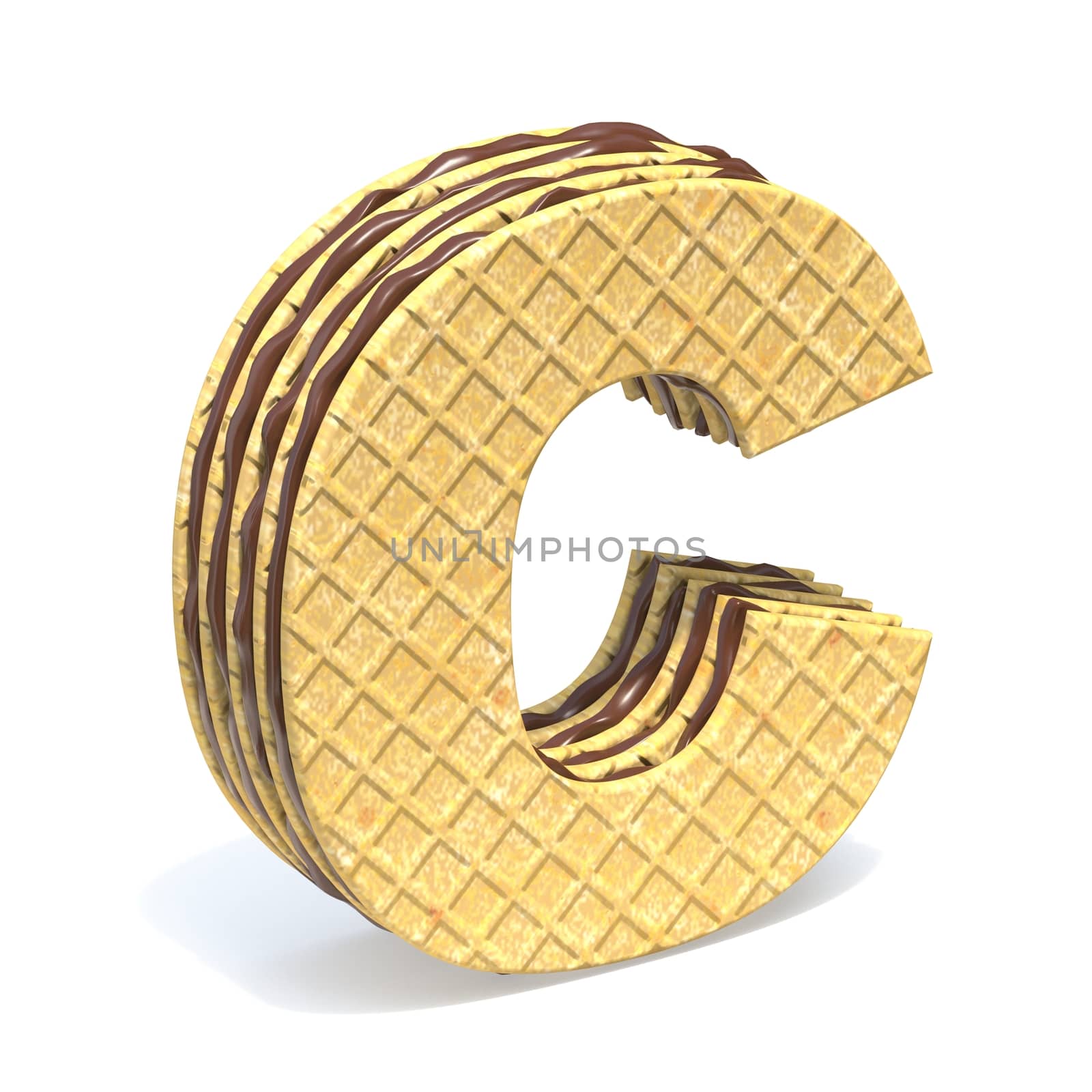 Waffles font with chocolate cream filling Letter C 3D rendering illustration isolated on white background