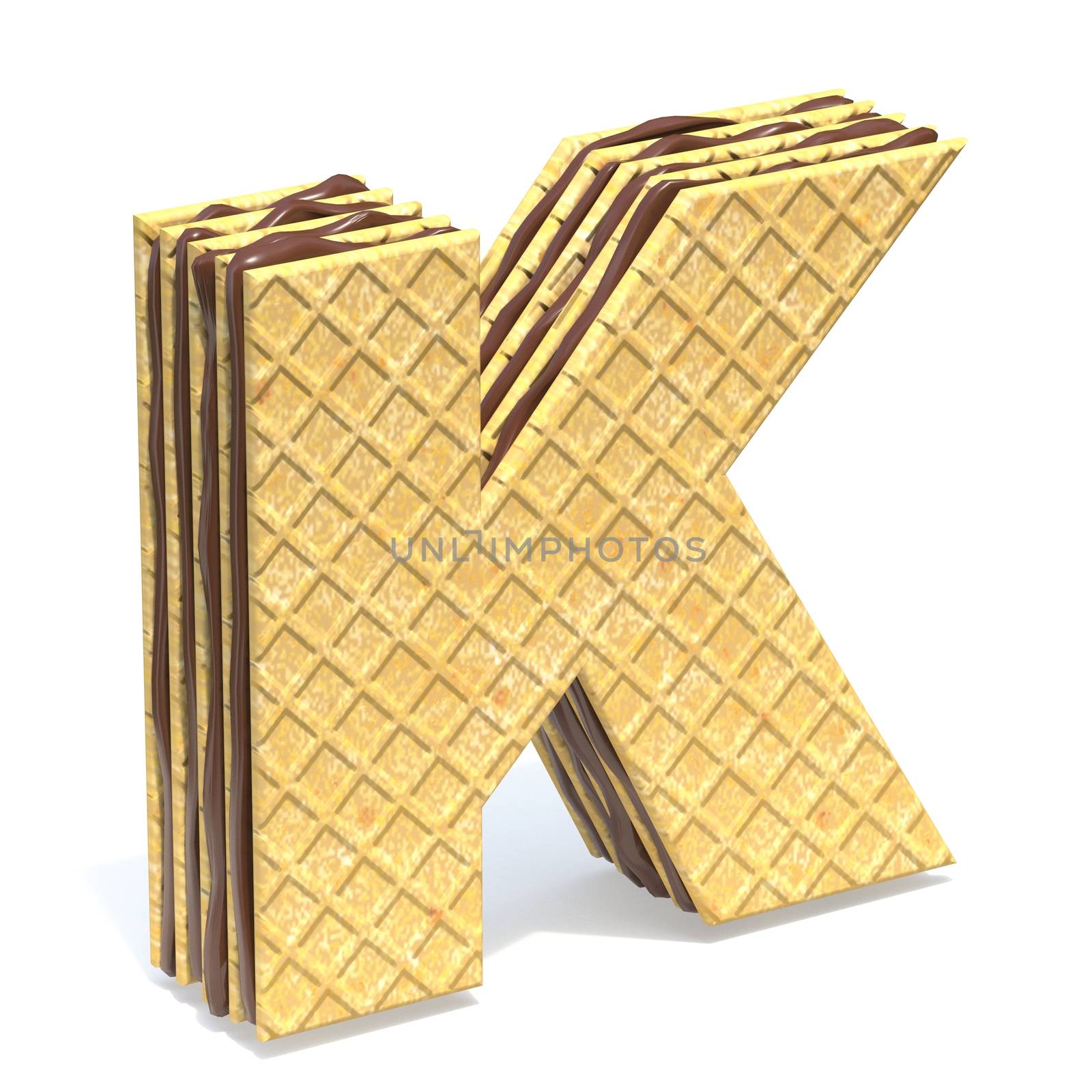 Waffles font with chocolate cream filling Letter K 3D rendering illustration isolated on white background
