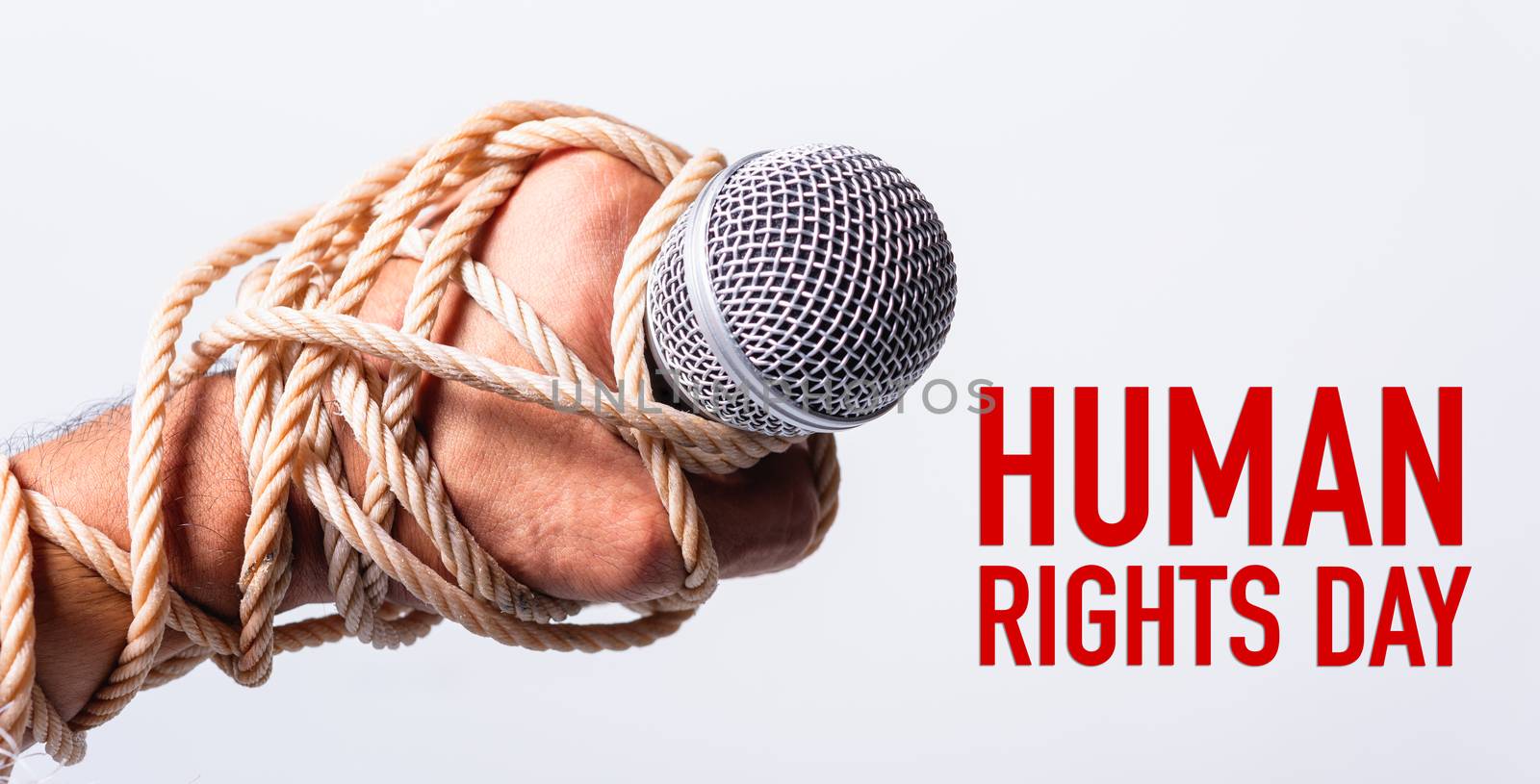 Hand holding microphone and have roped on fist hand with HUMAN RIGHTS DAY text on white background, Human rights day concept