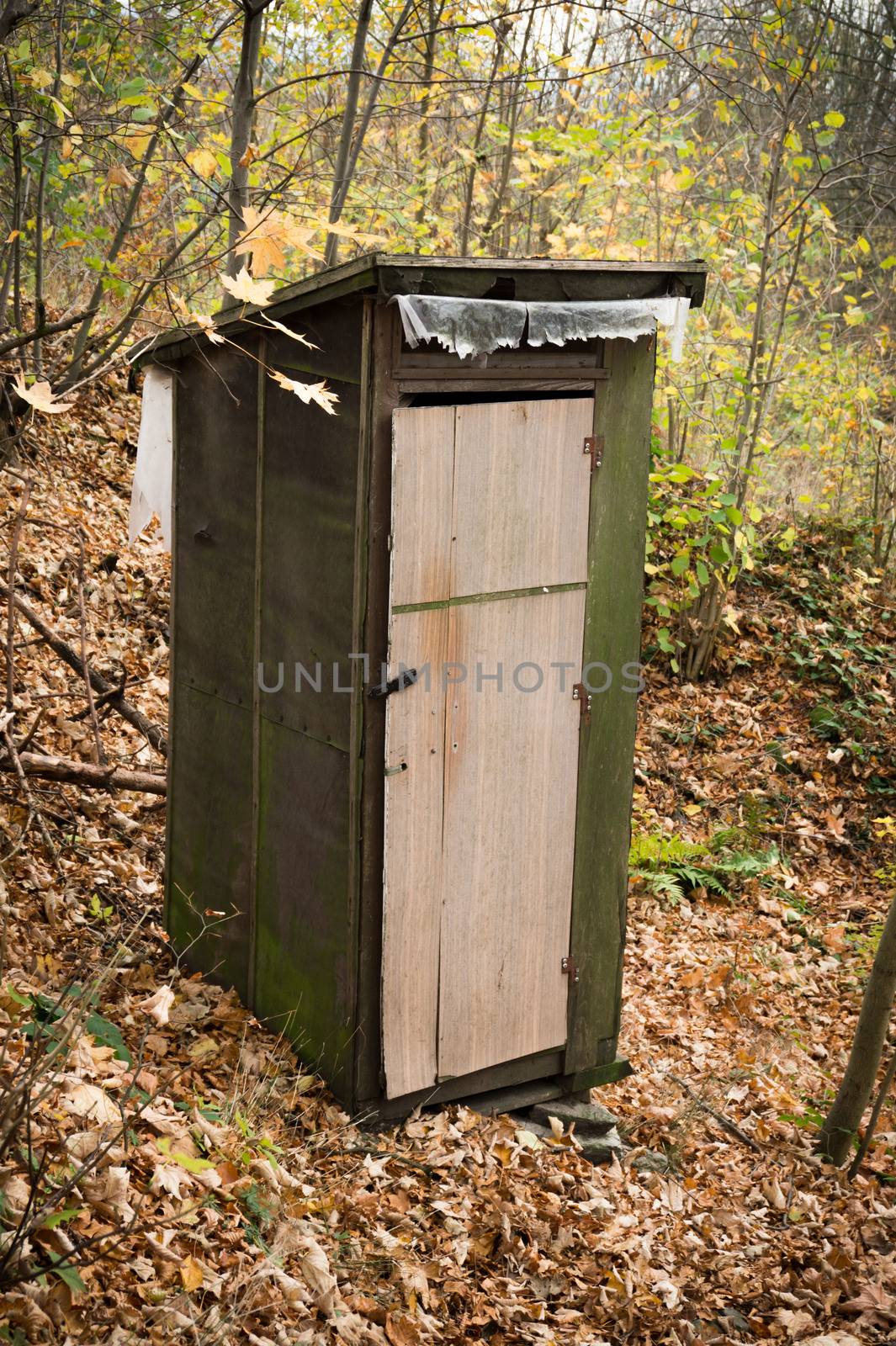 Old wooden toilet in the forest. Dry toilet in the forest. Abandoned wc booth,. by petrsvoboda91