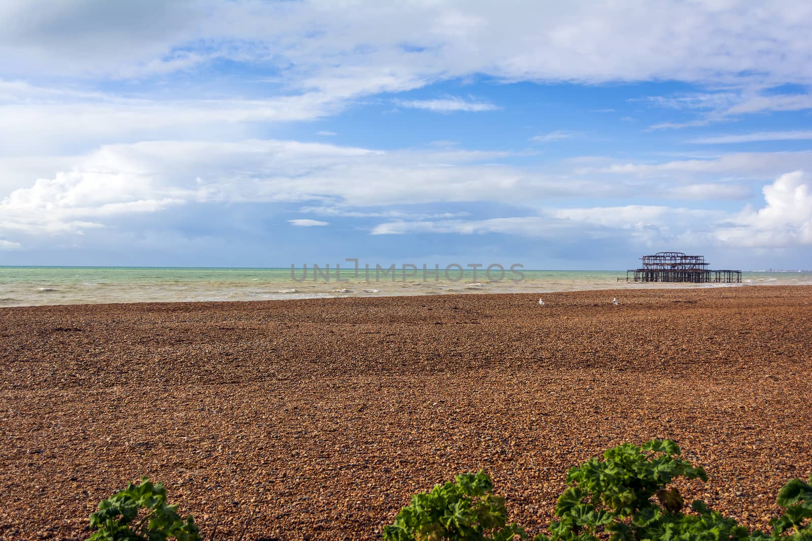 Panoramic view of Brighton's beach. In the background they are the remains of Brighton West Pier in sea. by ankarb