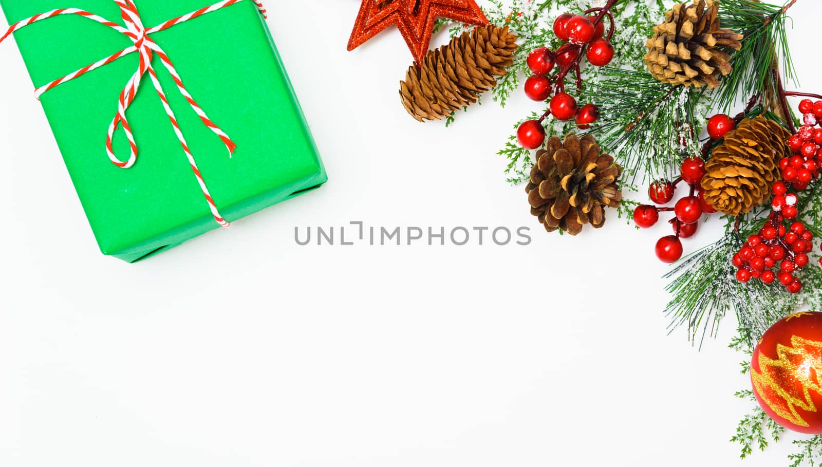 Christmas composition decorations, fir tree branches on white background. Merry Christmas concept. Copy space for text