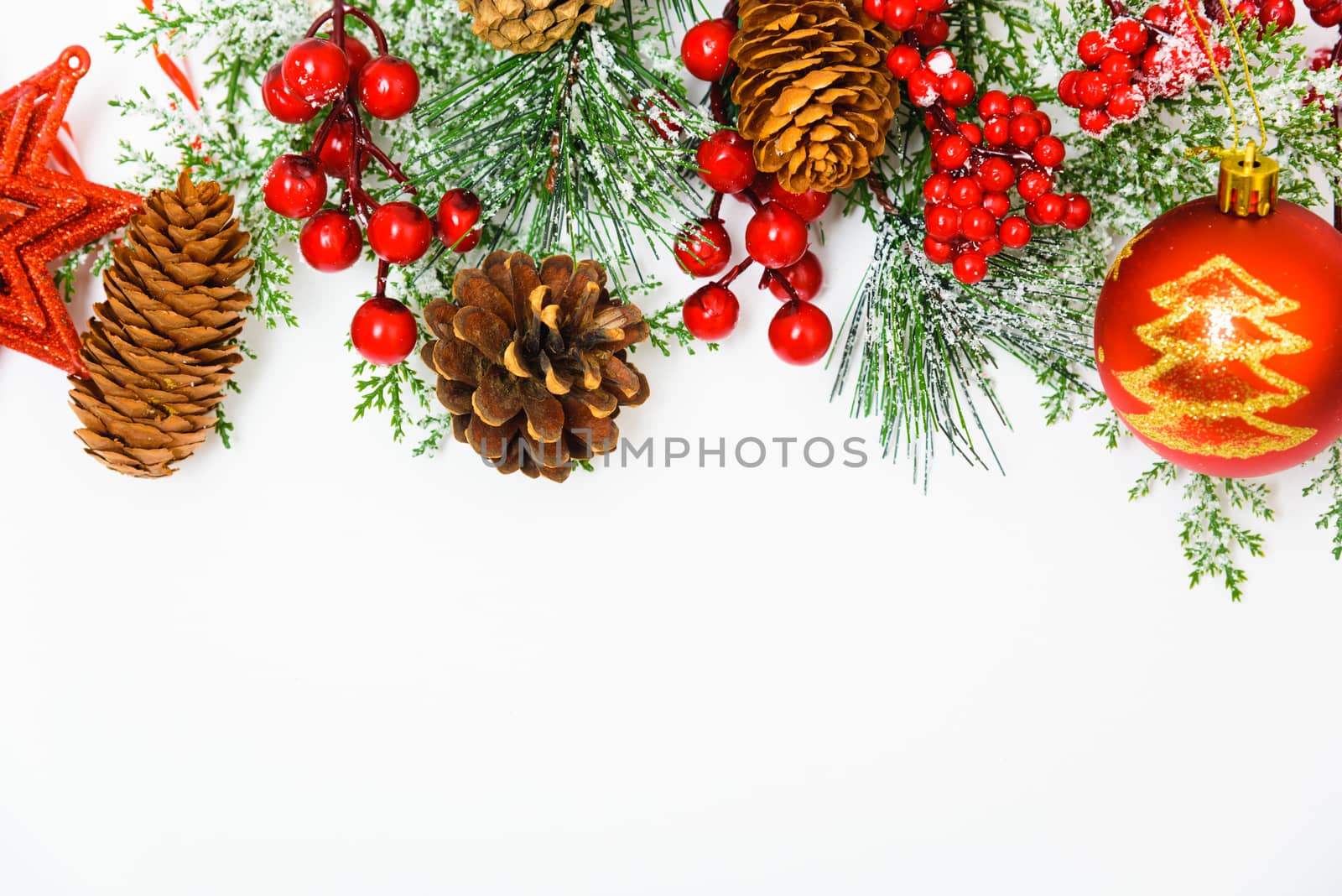 Christmas composition decorations, fir tree branches on white background. Merry Christmas concept. Copy space for text