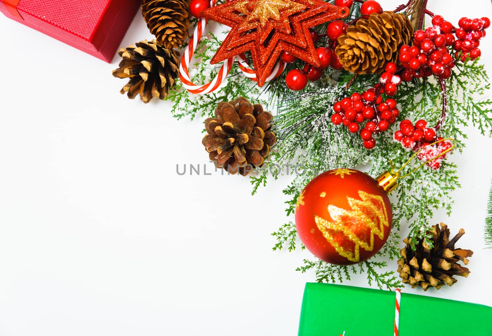 Christmas composition decorations, fir tree branches on white background. Merry Christmas concept. Copy space for text