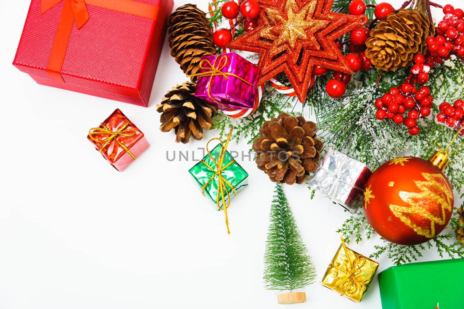 Christmas composition decorations, fir tree branches on white background. Merry Christmas concept. Copy space for text