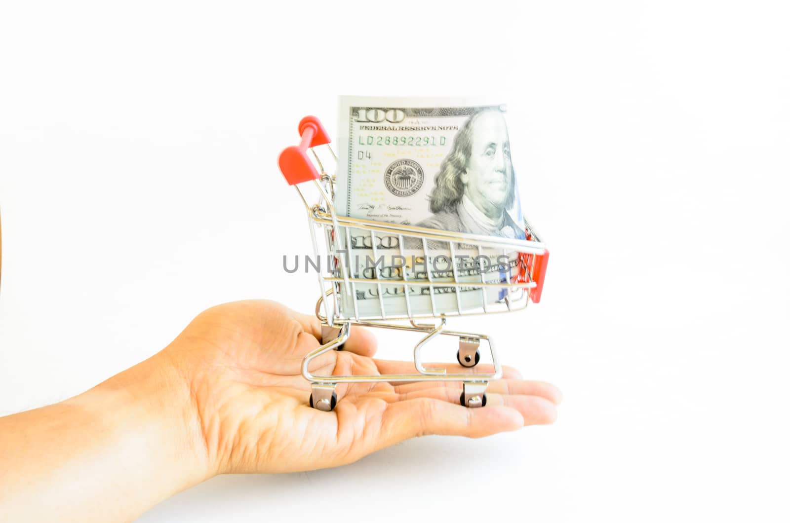 Selective focus Asian male hand holding small shopping cart with one hundred (100) dollars banknote inside. Blurry empty cart in moving concept of fast online shopping and spending