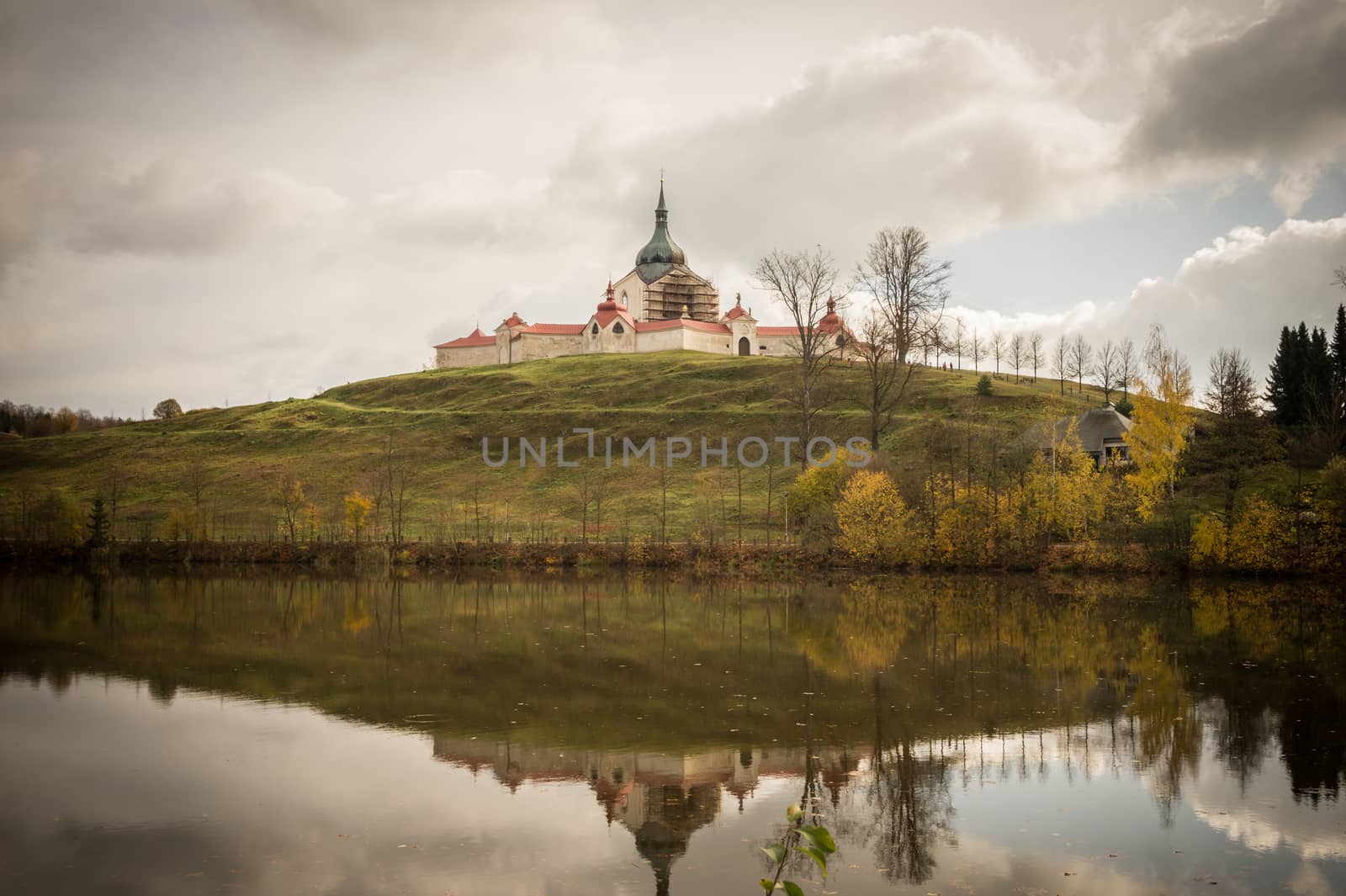 View on church with lake. UNESCO sight Church of st. John Nepomuk - Zelena hora, in town Zdar nad Sazavou, Czech republic by petrsvoboda91