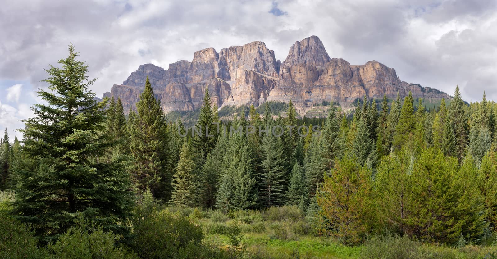 Panoramic image of Castle Mountain under cloudy sky, Bow Valley Parkway, Banff National Park, Alberta, Canada