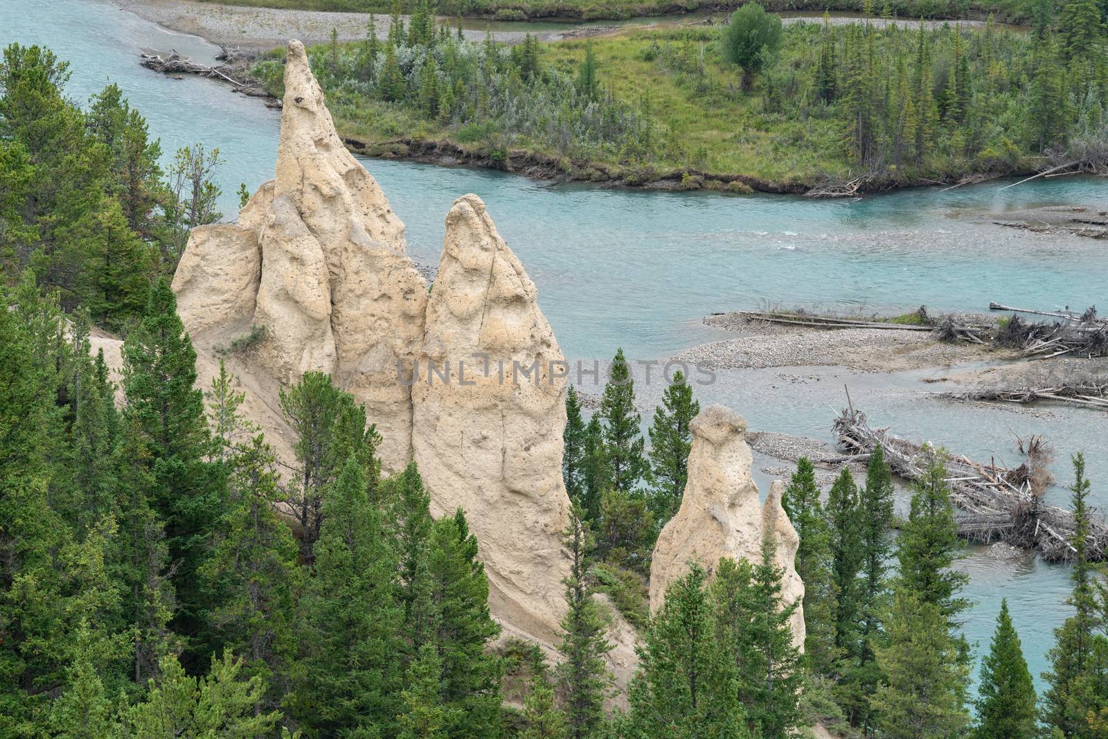 Panoramic image of the Hoodoos close to Banff with the Bow river in the background, Banff National Park, Alberta, Canada