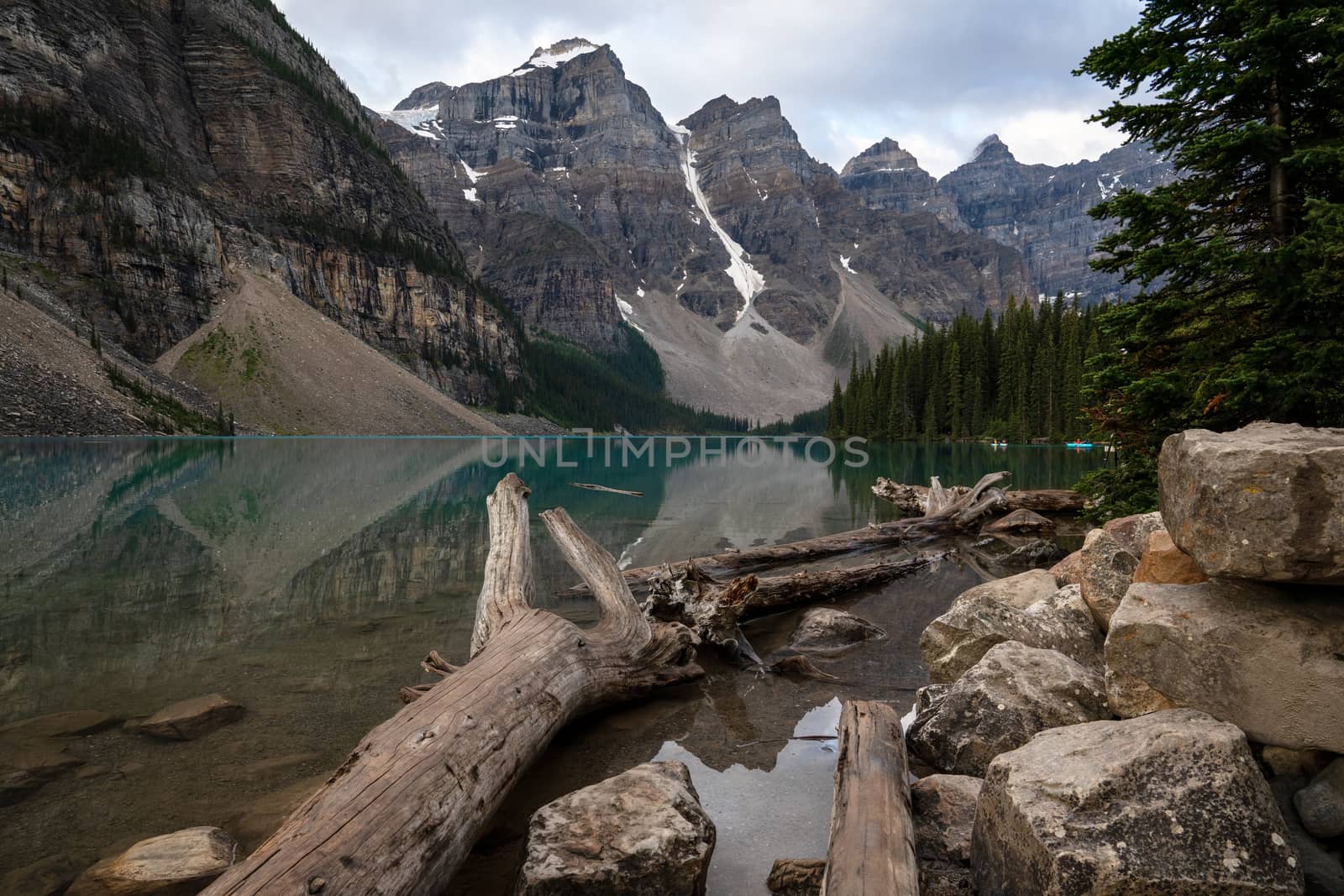 Panoramic image of the Moraine Lake at daybreak, Banff National Park, Alberta, Canada