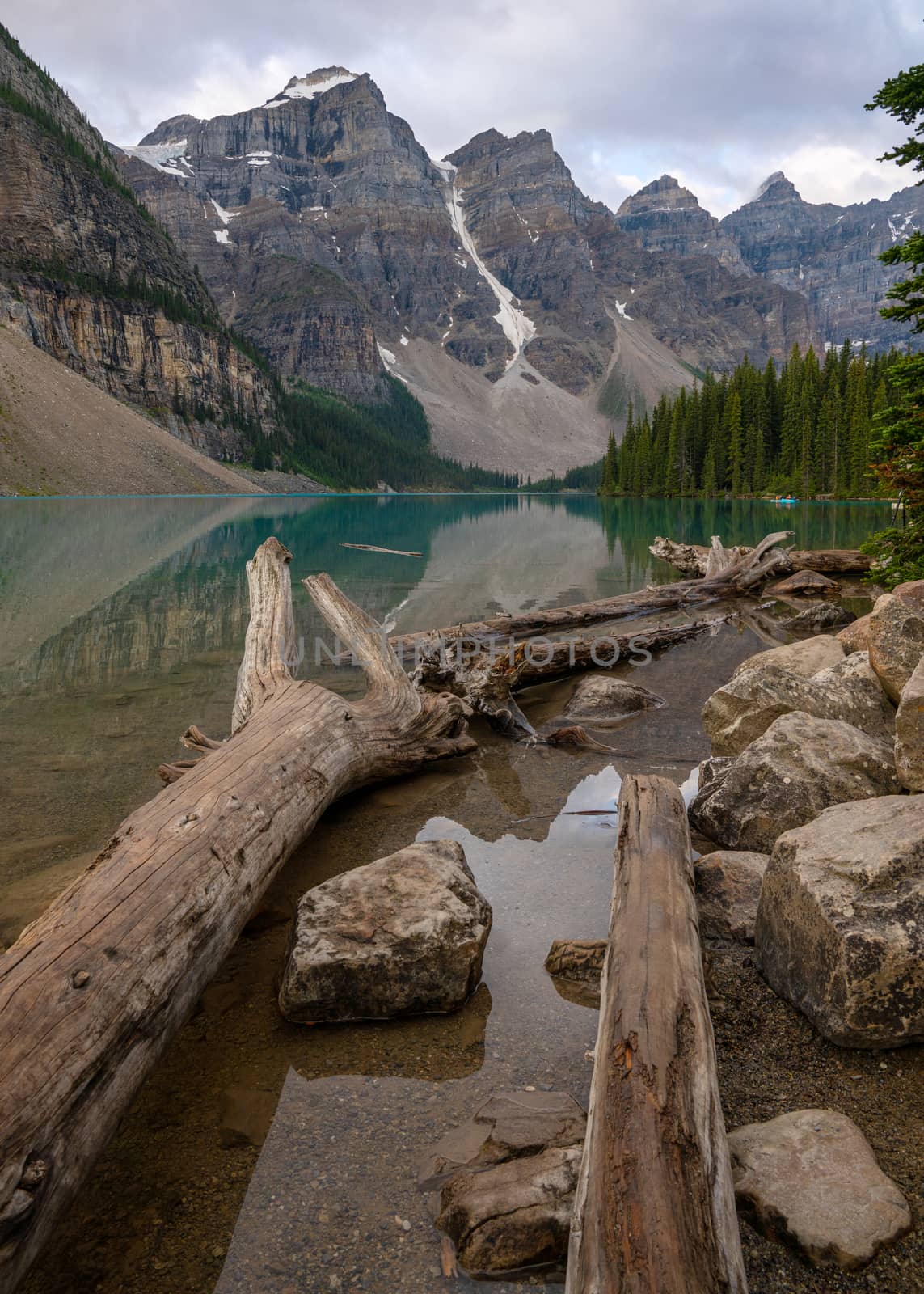 Panoramic image of the Moraine Lake at daybreak, Banff National Park, Alberta, Canada