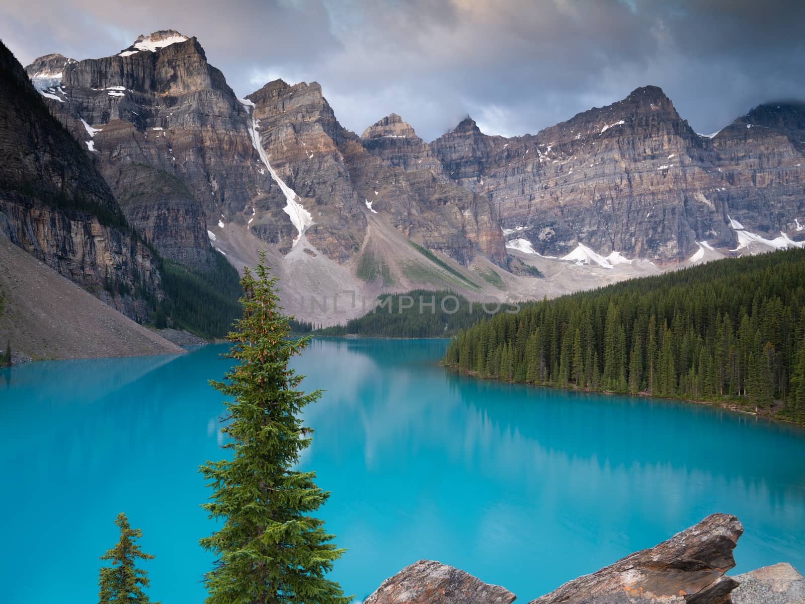 Panoramic image of the Moraine Lake at daybreak, Banff National Park, Alberta, Canada
