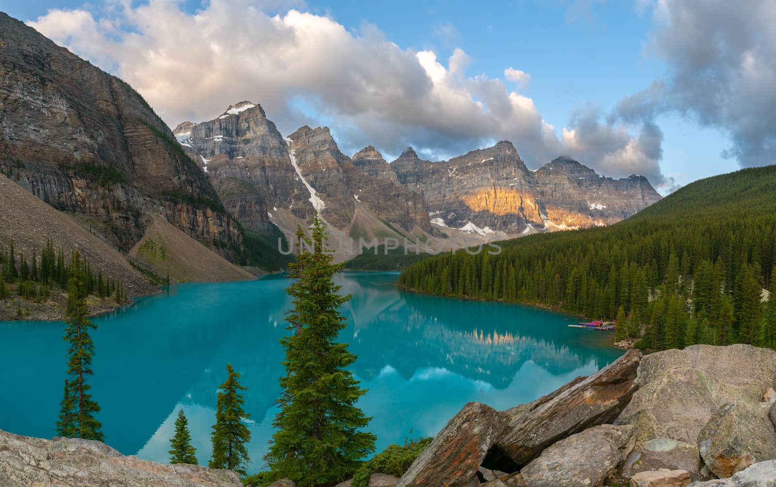 Panoramic image of the Moraine Lake at daybreak, Banff National Park, Alberta, Canada
