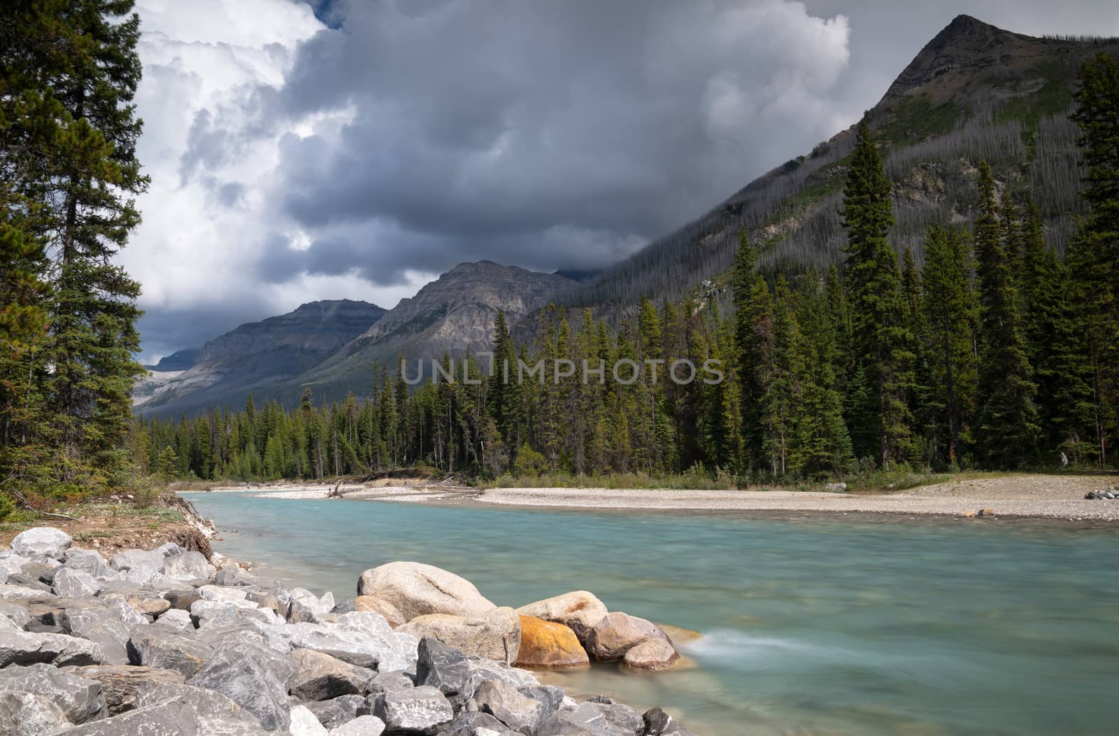 Panoramic image of a tranquil river scenery within the Kootenay National Park, British Columbia, Canada